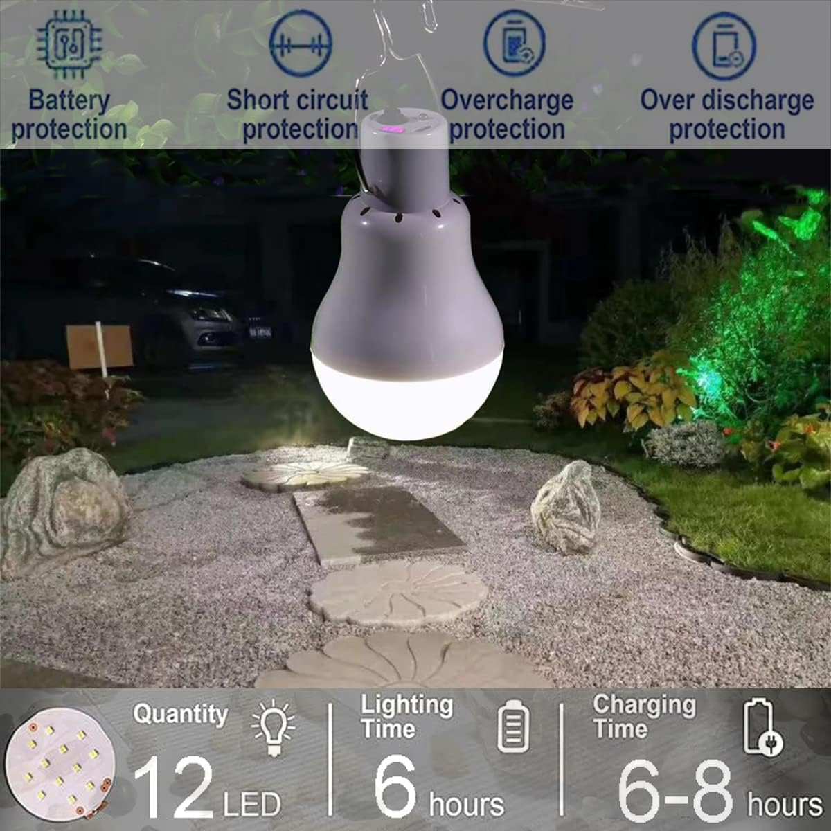 FLRONGSUN Solar Light Bulb Portable 350LM Solar Powered Camping Light Led Lantern Outdoor for Lamp Light Hiking Fishing Tent Indoor Shed Chicken Coop Hurricane Emergency with USB Chargeable(Pack of 2) image number 6