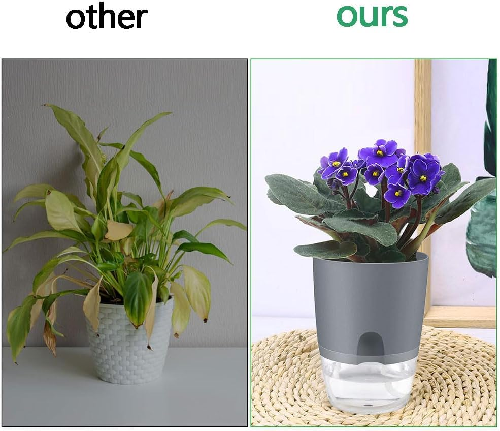 HYAVIA 3 Pcs Self Watering Plant Pots Indoor Planters , Plastic Pots for Succulents, Flowers, African Violets, Snake Plants (Grey) image number 5