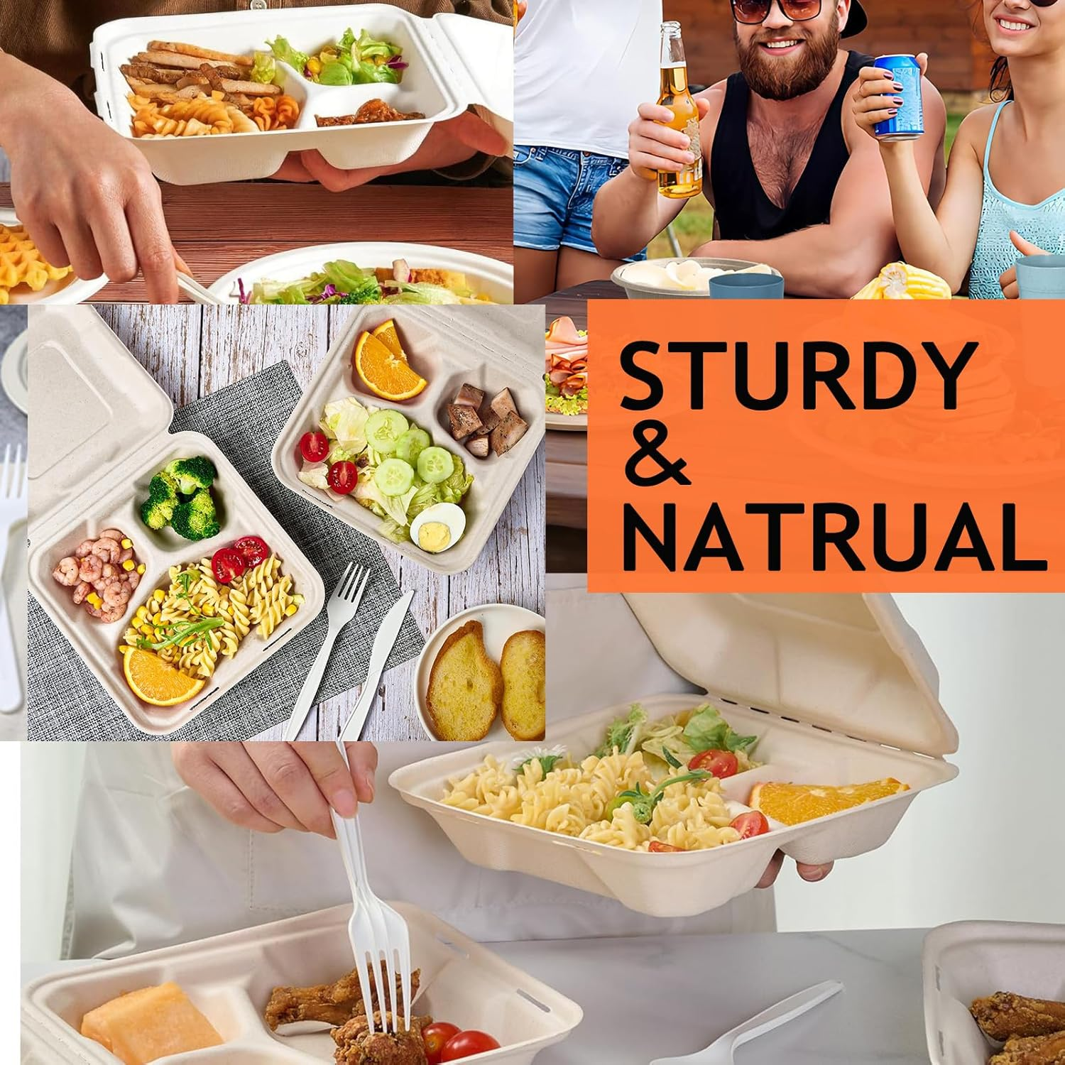 100% Compostable Take Out Food Containers, Disposable Flip-Top Box - 50Pack 8X8" 3-Compartment Heavy-Duty Lunch Box with Lid, Eco-Friendly Biodegradable Paper Fiber to Go Containers for Food image number 6