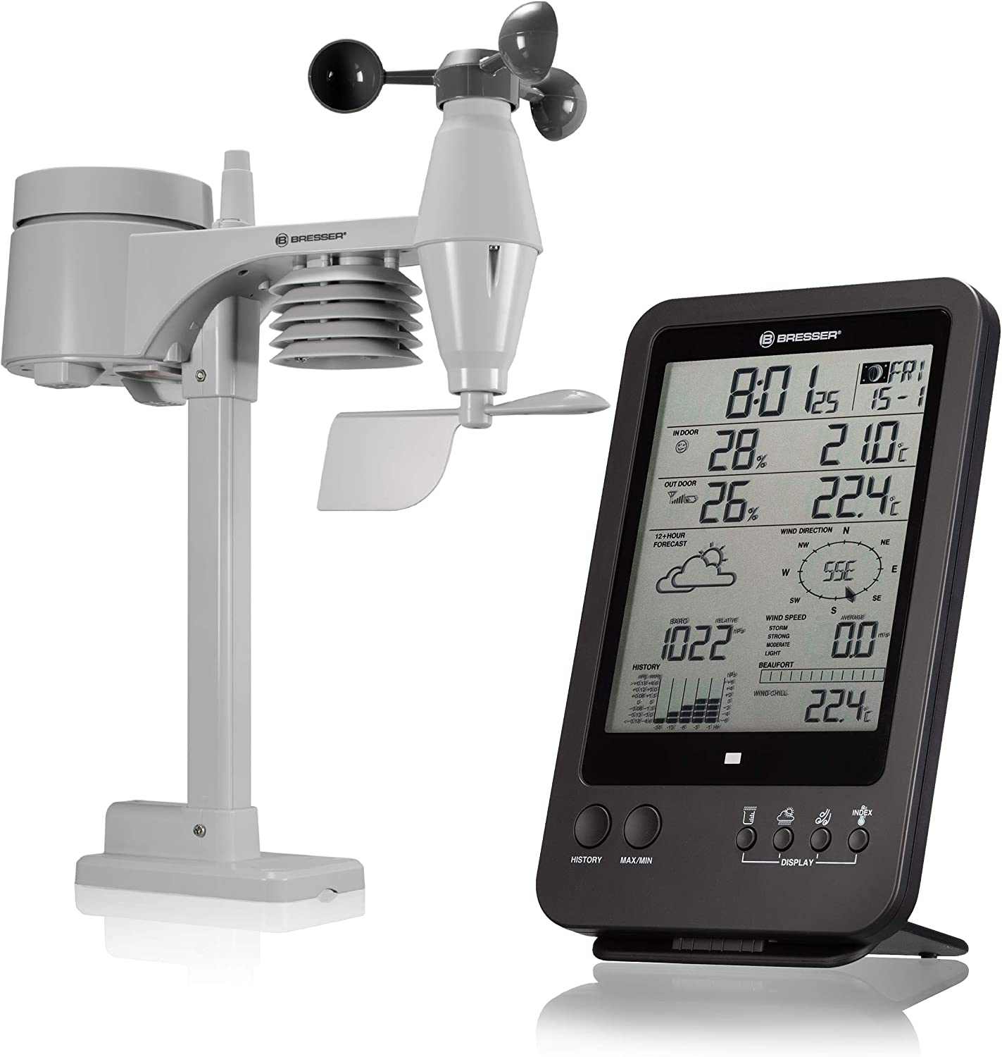 Bresser Weather Station 5-In-1 with Outdoor Sensor and German DCF Radio Control Clock and Manual Mode for UK, White