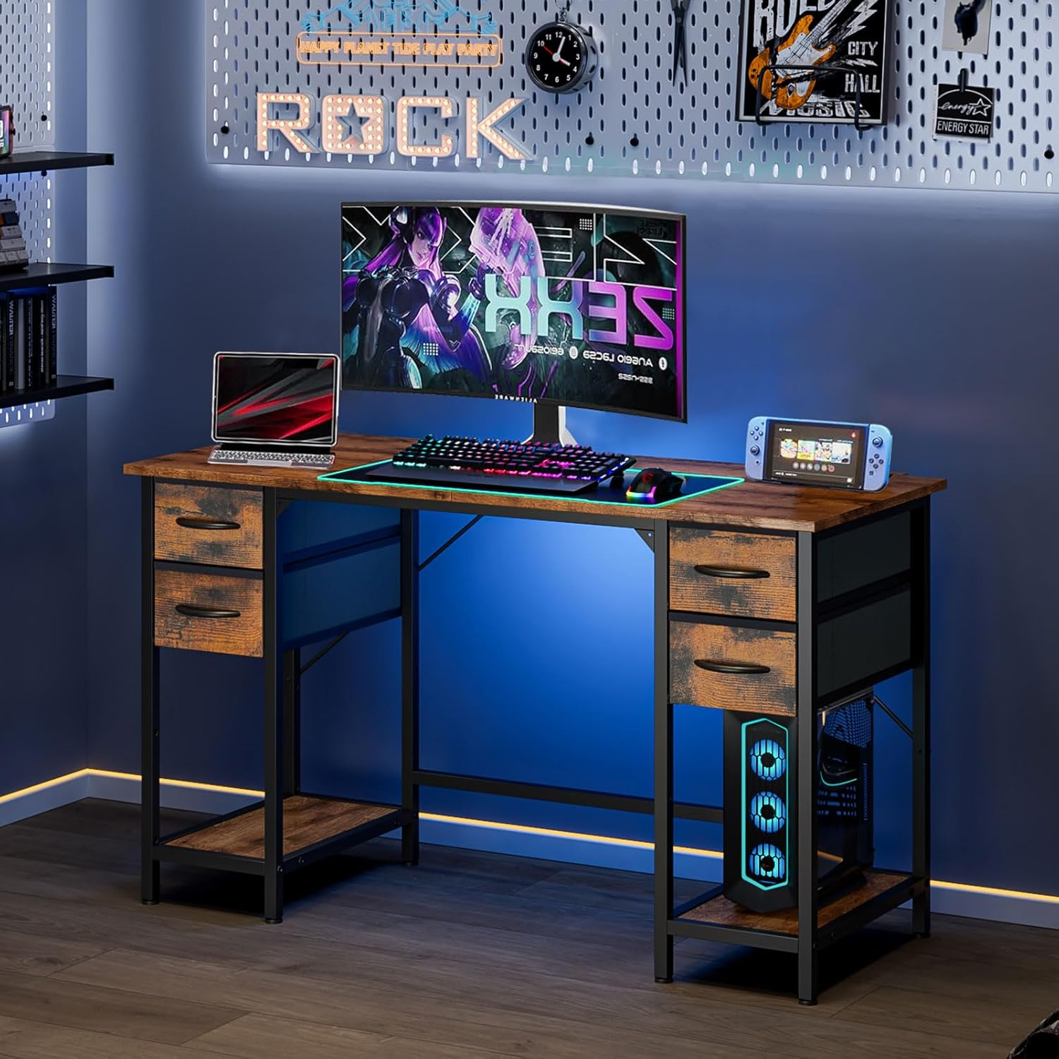 Forthcan Computer Desk, 47 Inch Office Desk Work Table with 4 Drawers, Gaming Desk with Storage, Writing Desk Work Desk for Home Office, Study, Bedroom, Rustic Brown