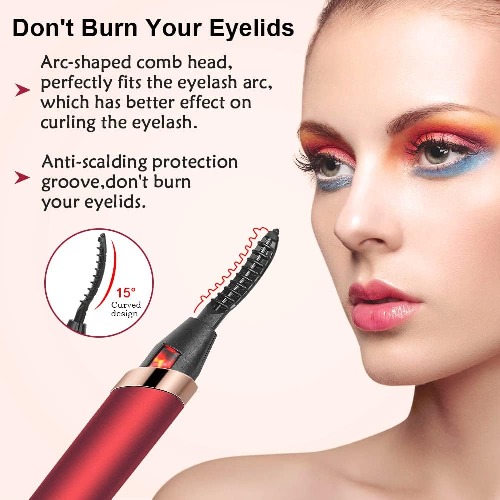 Heated Eyelash Curler, Rechargeable Electric Eyelash Curlers, Portable Lash Curler with Eyelash Comb for Eye Lash Quick Natural Curling and Long Lasting -3 Temperature Gear (2020 NEW Version) - Red image number 3