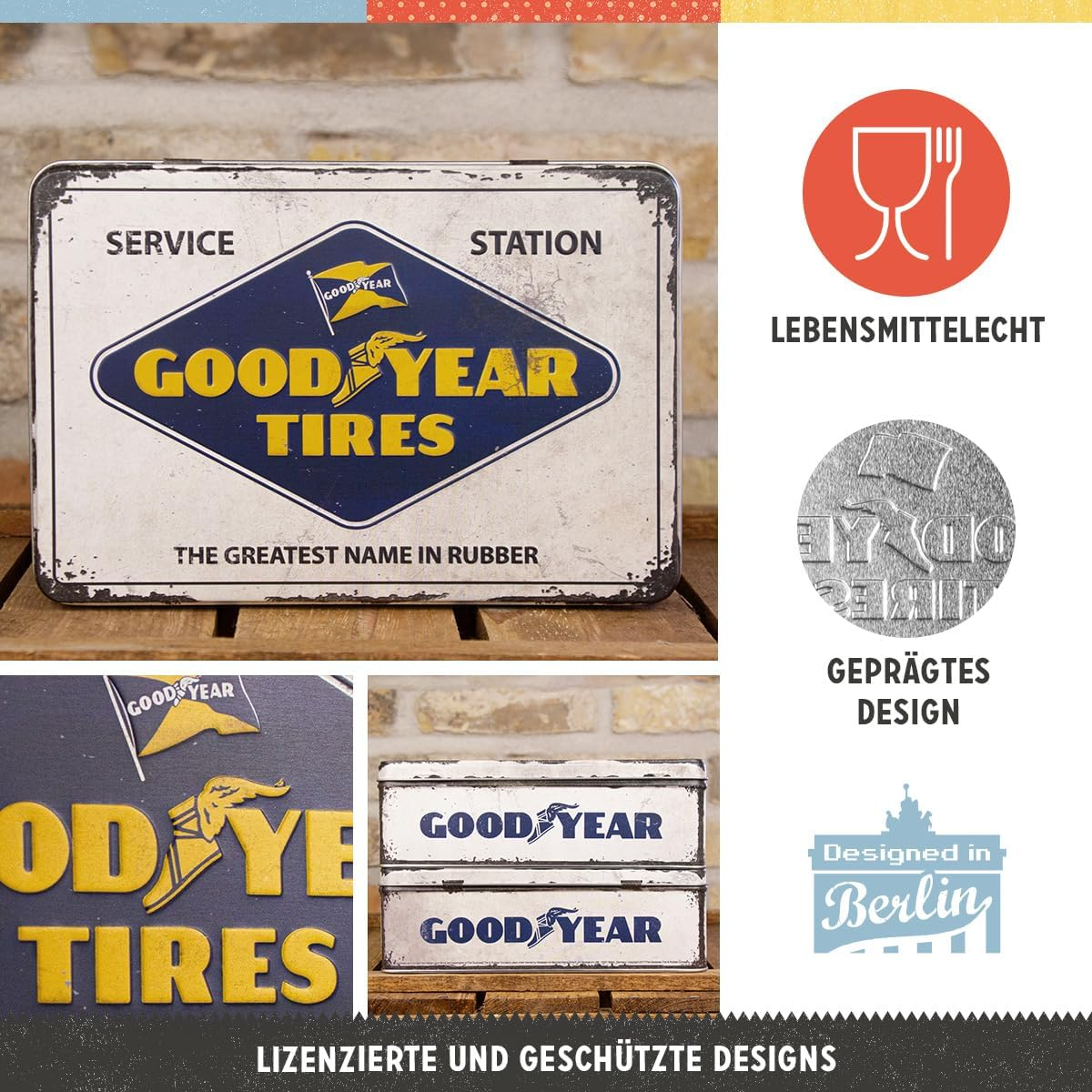 Nostalgic-Art 30745 Goodyear Logo White Biscuit Tin | Storage Box | Metal | with Hinged Lid Storage Jar Flat, Colourful, 23 X 16 X 7 Cm image number 5