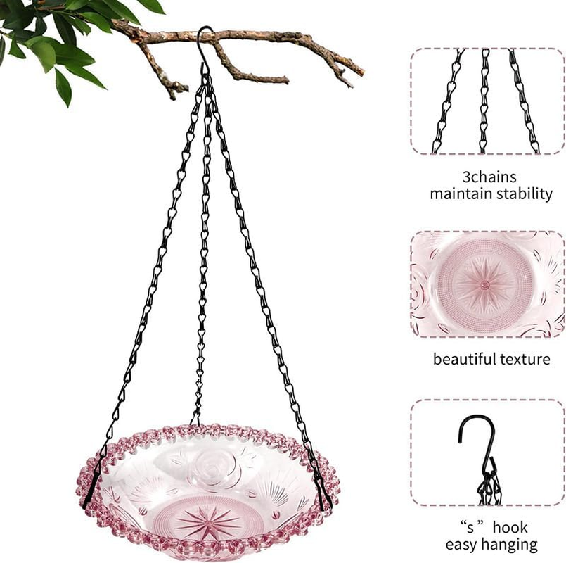 AIMALL Hanging Bird Bath & Feeder, Glass Bowl with Metal Chain, Outdoor Bird Water Feeder for Balcony, Garden, and Fence, Decorative Hanging Bird Tub