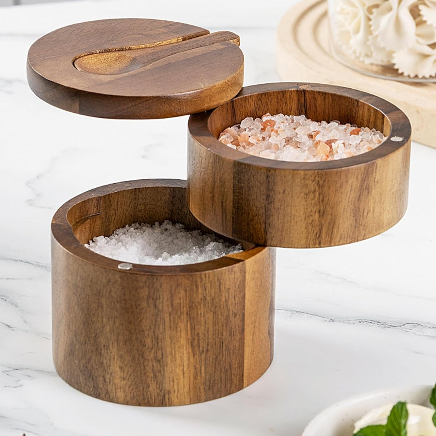 Qkbuza Salt Cellar | Sea Salt Container Box Built-In Spoon,Round Kitchen Salt Holder, Salt Keeper, Salt Cellar Bowl with Double Layer for Spices, Salts or Small Items image number 5