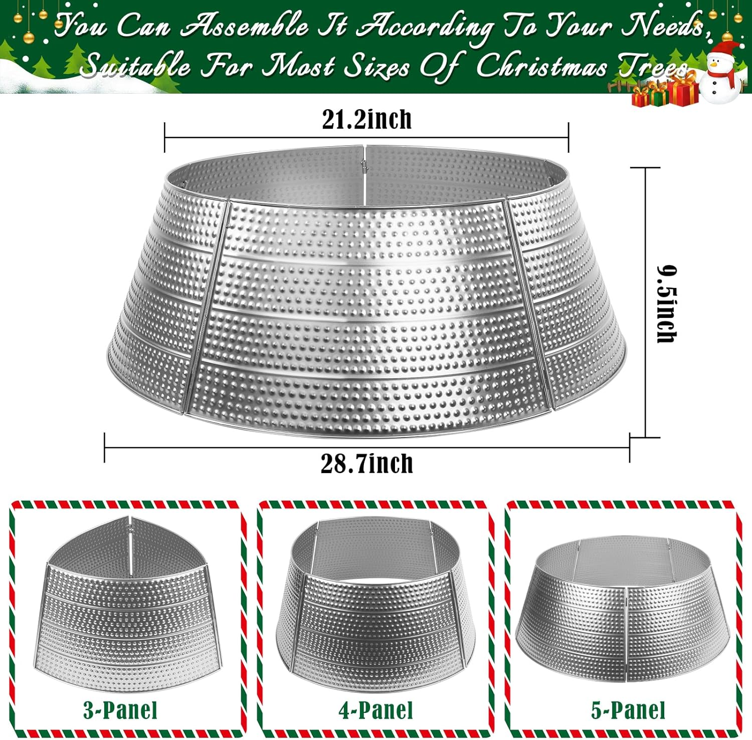 Christmas Tree Collar Metal, 28" Silver Tree Collar, 5-Panel Christmas Tree Base Collar for 7.5Ft 9Ft 12Ft Real & Artificial Christmas Trees, Christmas Tree Ring Christmas Tree Skirt for Pencil Trees image number 6