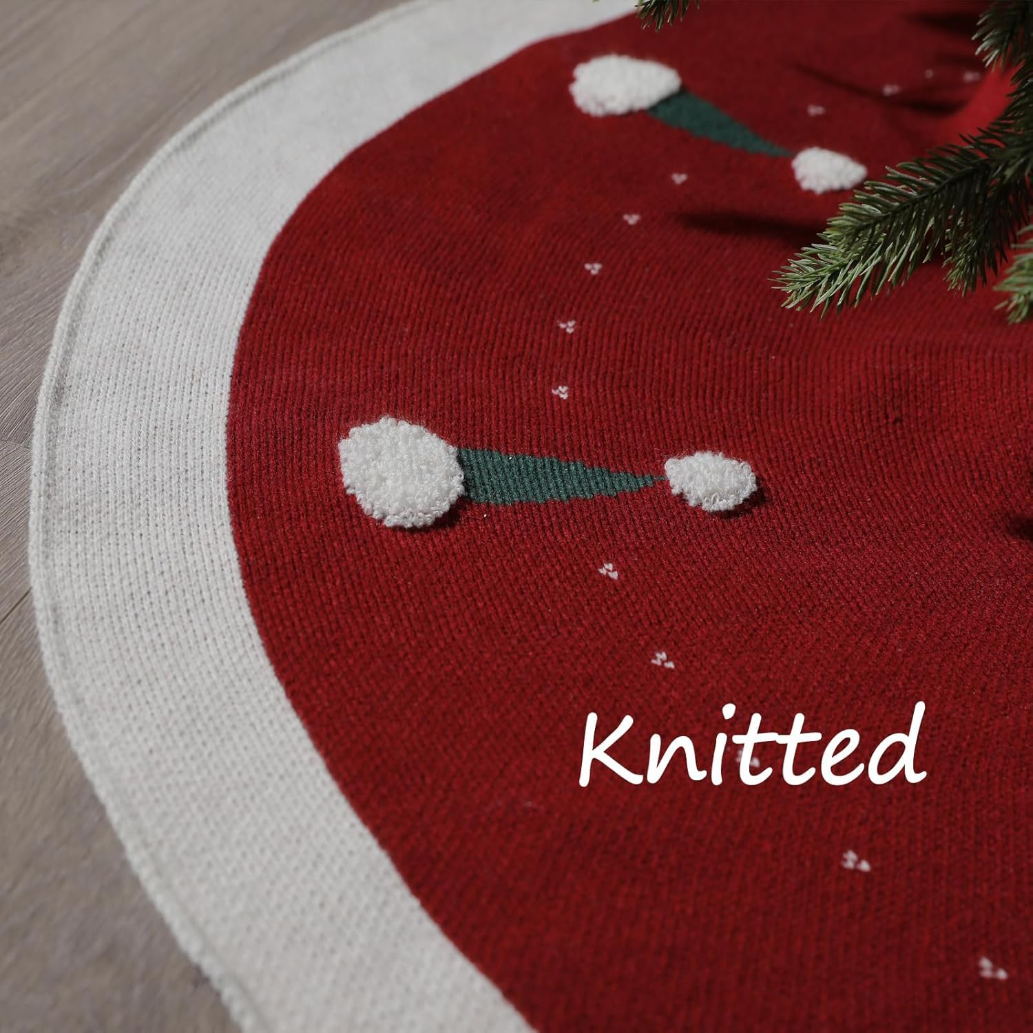 VNPONV Knitted Christmas Tree Skirt 48 Inches, Large Red Tree Skirt Luxury Christmas Decorations, Thick Xmas Tree Skirt with Cute Christmas Hat and White Fluffy Ball for Holiday Party Christmas Decor image number 3