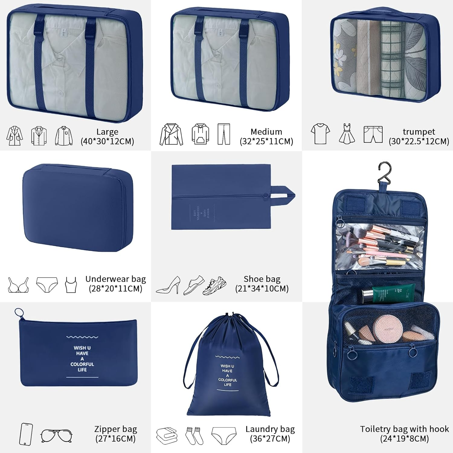 Smlper 8-Set Packing Cubes, Packing Organizer with Various Sizes, Lightweight Luggage Organizer for Carry-On, Suitcase & Travel Accessories (Dark Blue) - Beige image number 2