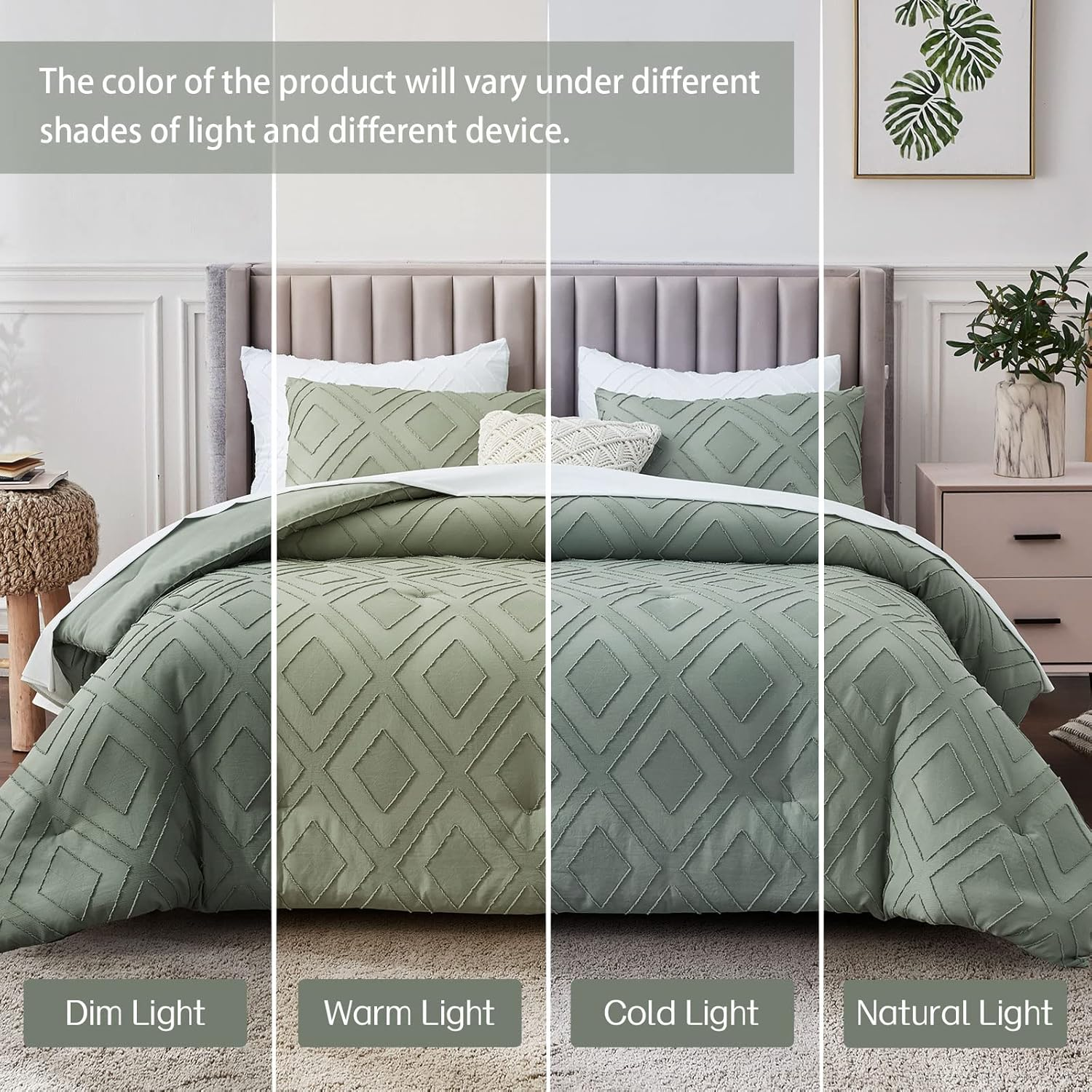 Boho Queen Comforter Set,Sage Green Rhombus Tufted Queen Size Comforter Set with Corner Loops,3 Pieces Embroidery Shabby Chic Bedding Comforter Sets for All Seasons(Sage Green,Queen) image number 1