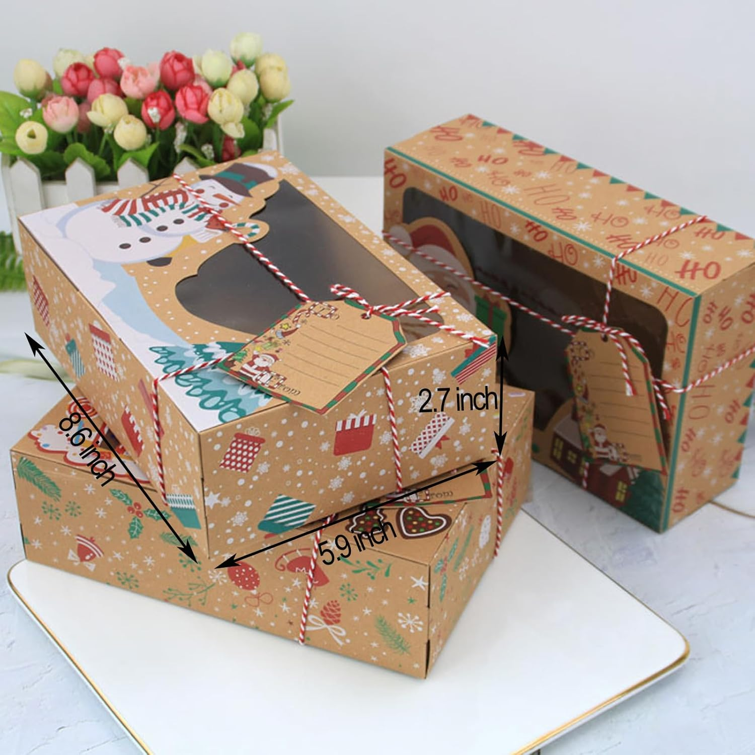 12 Piece Christmas Cookie Boxes with Window, Large Holiday Kraft Bakery Snack Boxes with Window, DIY Tags and Ribbons,Christmas Kraft Cupcake Boxes for Gift Giving Xmas Food Containers image number 5