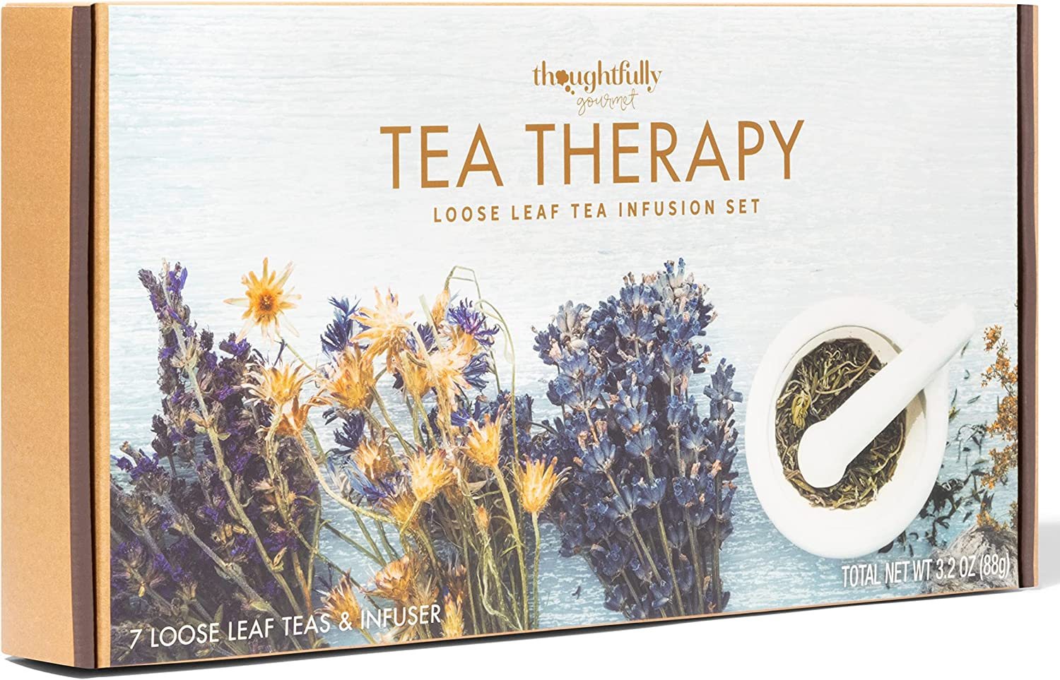 Thoughtfully Gourmet, Tea Therapy Tea Infusion Gift Set, Includes 7 Uniquely Flavoured Loose Leaf Teas and Tea Infuser, Pack of 7