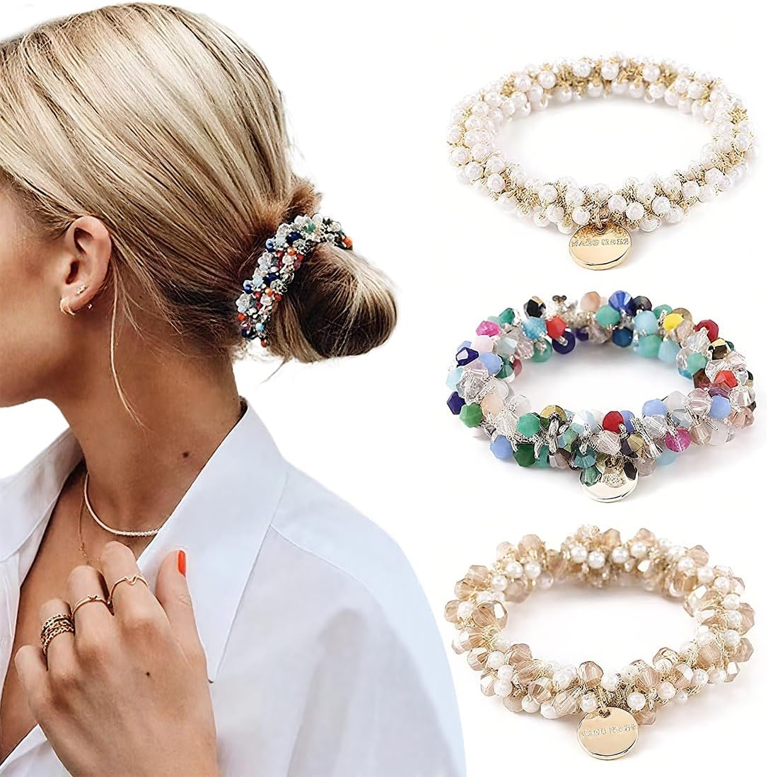 KIRZAX 3 Pieces Hair Accessories Scrunchies Crystal Women'S Hair Bobbles with Beads, Ponytail Hair Accessory, Scrunchies Pearls Rhinestones, Elastic Hair Scrunchies for Women and Women image number 5