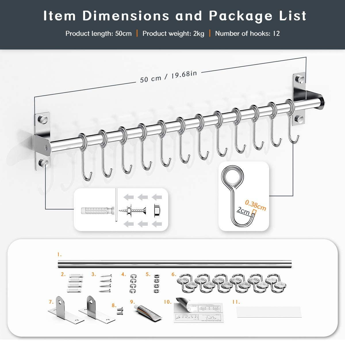 Booxihome Wall Mounted Utensil Rack, Stainless Steel Hanging Kitchen Rail with 12 Removable Hooks, Hanger Organizer for Utensil 50Cm(20")