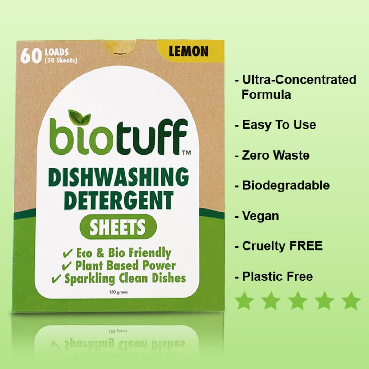 Biotuff Dishwasher Detergent Sheets - Eco Friendly, Biodegradable & Plastic Free - Powerful Grease Cutting Formula - Lightweight & Convenient Dishwashing Solution | 30 Sheets image number 2