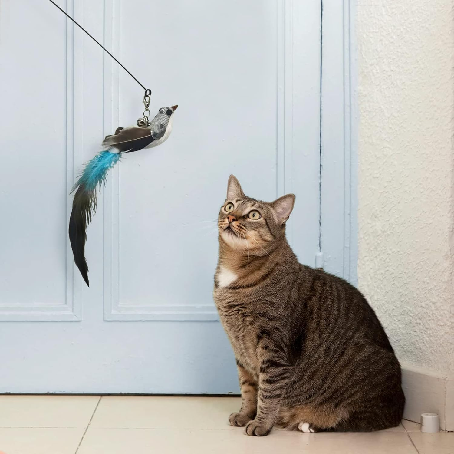 Andiker Interactive Cat Toy with Bell, Cat Wand with 2 Artificial Birds Replacement, Cat Feather Wand for Playing and Training, Funny Cat Sticks for Indoor and Outdoor Exercise (Blue+Brown) - Blue+Brown image number 3