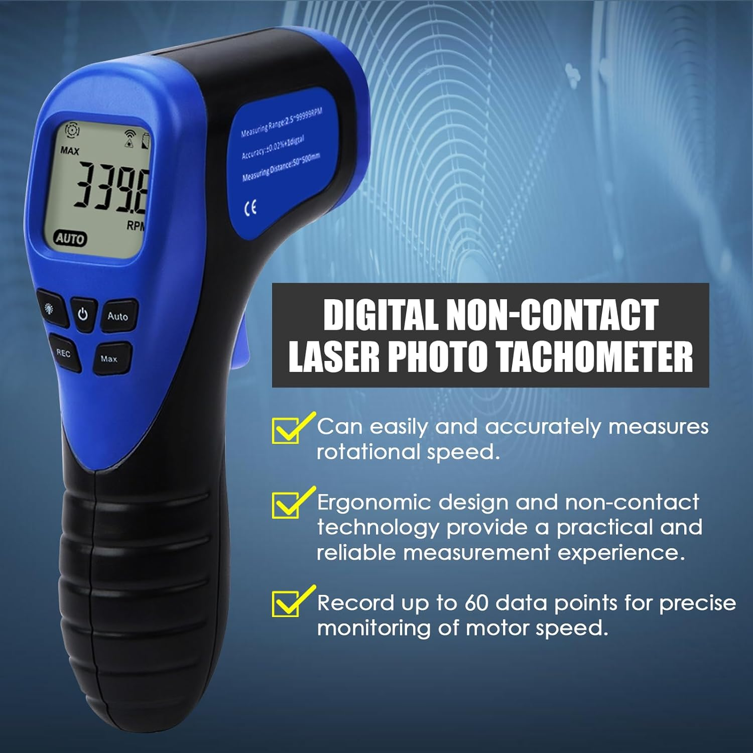Laser Photo Tachometer Motor Speed Gauge Tester Non-Contact RPM Meter Motor Speed Gauge Gun - Accurate RPM Measurement with Rotational Record (Digital Tachometer) image number 2
