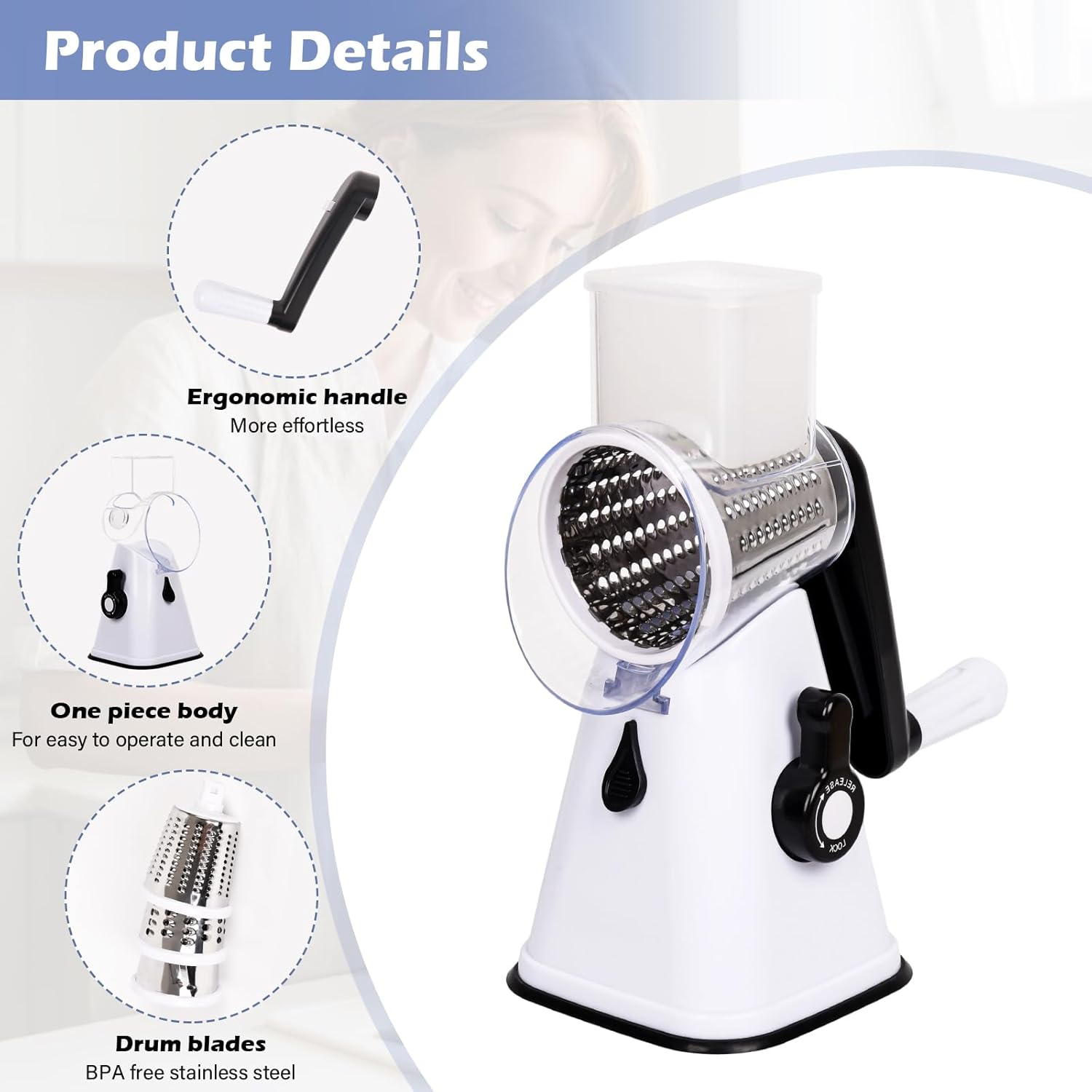 Globalshop Home Table Top Drum Cheese Grater with 3 Blades and Powerful Anti-Slip Suction Base; Safe for Your Hands image number 1