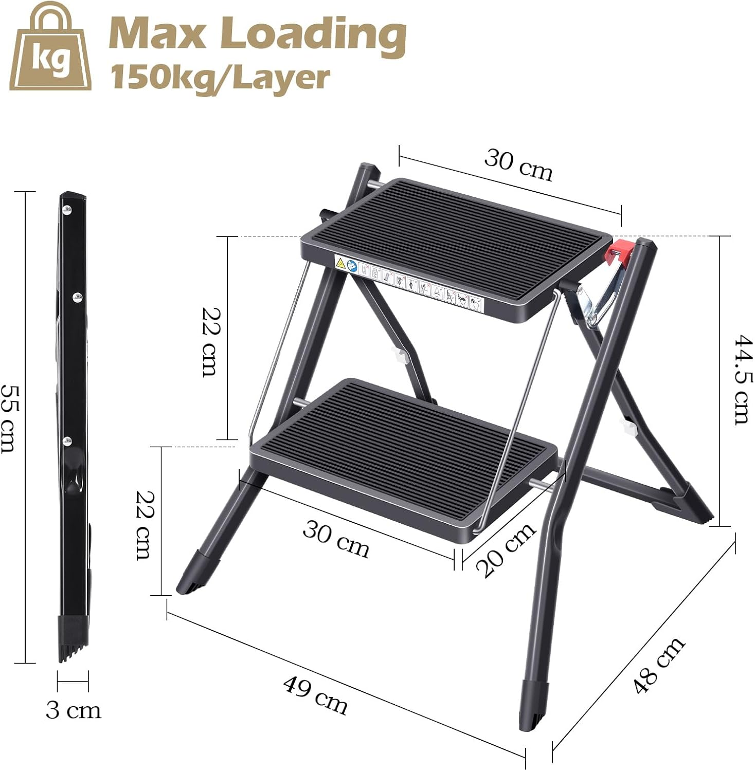 KINGRACK Folding Step Ladder, 2 Step Ladder, Folding Ladder with Non-Slip Rubber Mat, Step Stool with Release Button, Lightweight Steel, Holds up to 150 Kg, Black image number 1