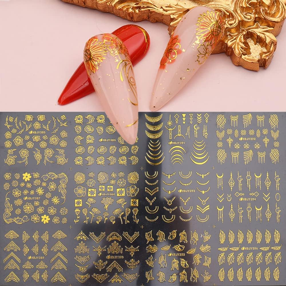 Flowers Nail Art Stickers Decal 3D Self-Adhesive Gold Flower Leaf Lace Nail Supplies Flower Nail Stickers Geometry Line Nail Designs for Women Girls Nail Art Decorations(Gold) image number 3