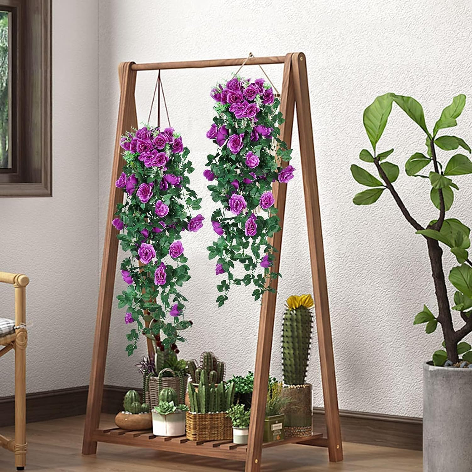 JLHOUSE AU7040-4 Artificial Hanging Rose Plants Fake Rose Flowers Faux Ivy Hanging Vines Wall D&eacute;cor Wedding Home Garden Decoration (Purple) - Purple Rose image number 5