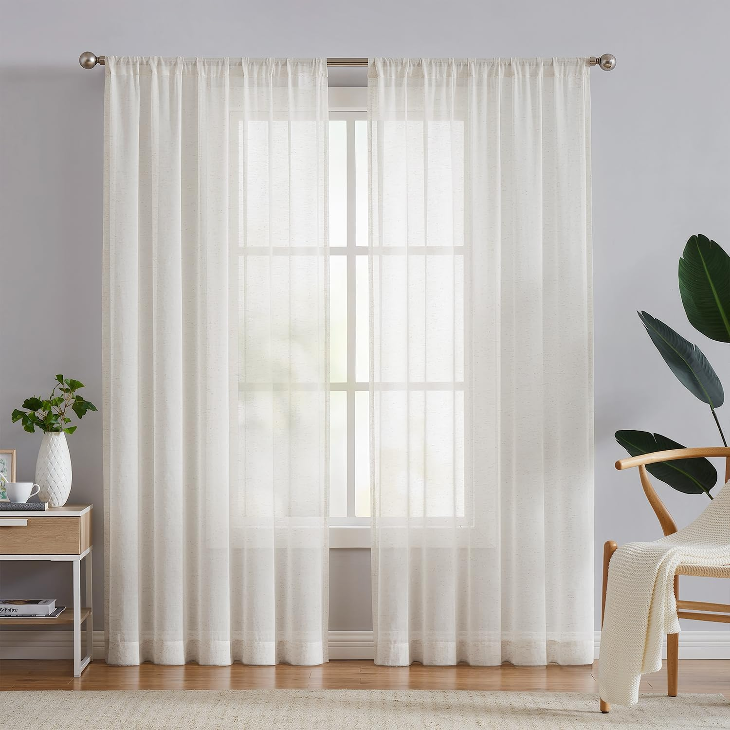 Linen Sheer Curtains 2 Panels, Fabric Polyester Linen Blend, Natural, 84" L | Window Curtains