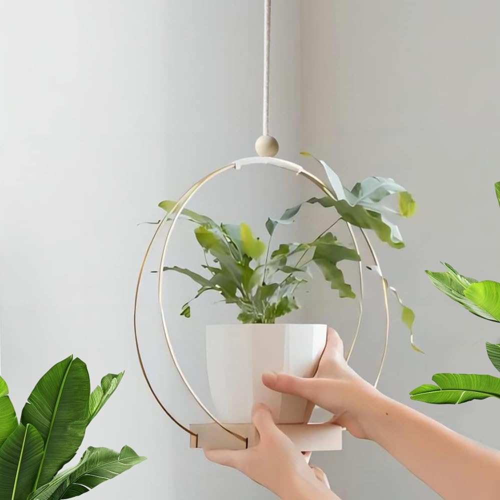 Hanging Planter with Wood Base, Modern Macrame Plant Hanger for Indoor Outdoor Wall Ceiling Window Boho Home Decoration, Gold (Planter/Plants Not Included)