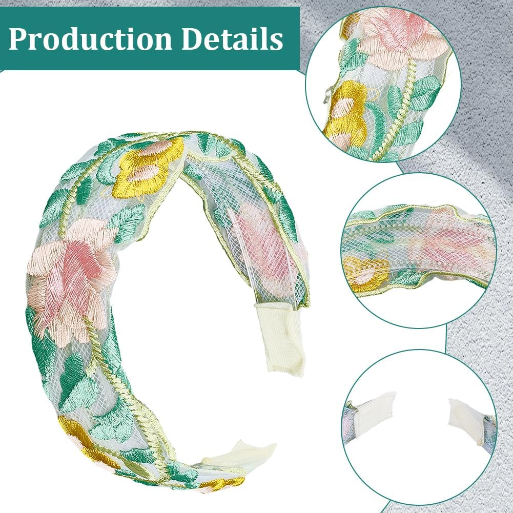 CABODYALS Pack of 3 3 Colours Colourful Floral Lace Headband Floral Embroidery Boho Vintage Hair Bands Fashionable Wide Elastic Embroidered Headband Set for Women Wedding Outfit Dress Hair Acc
