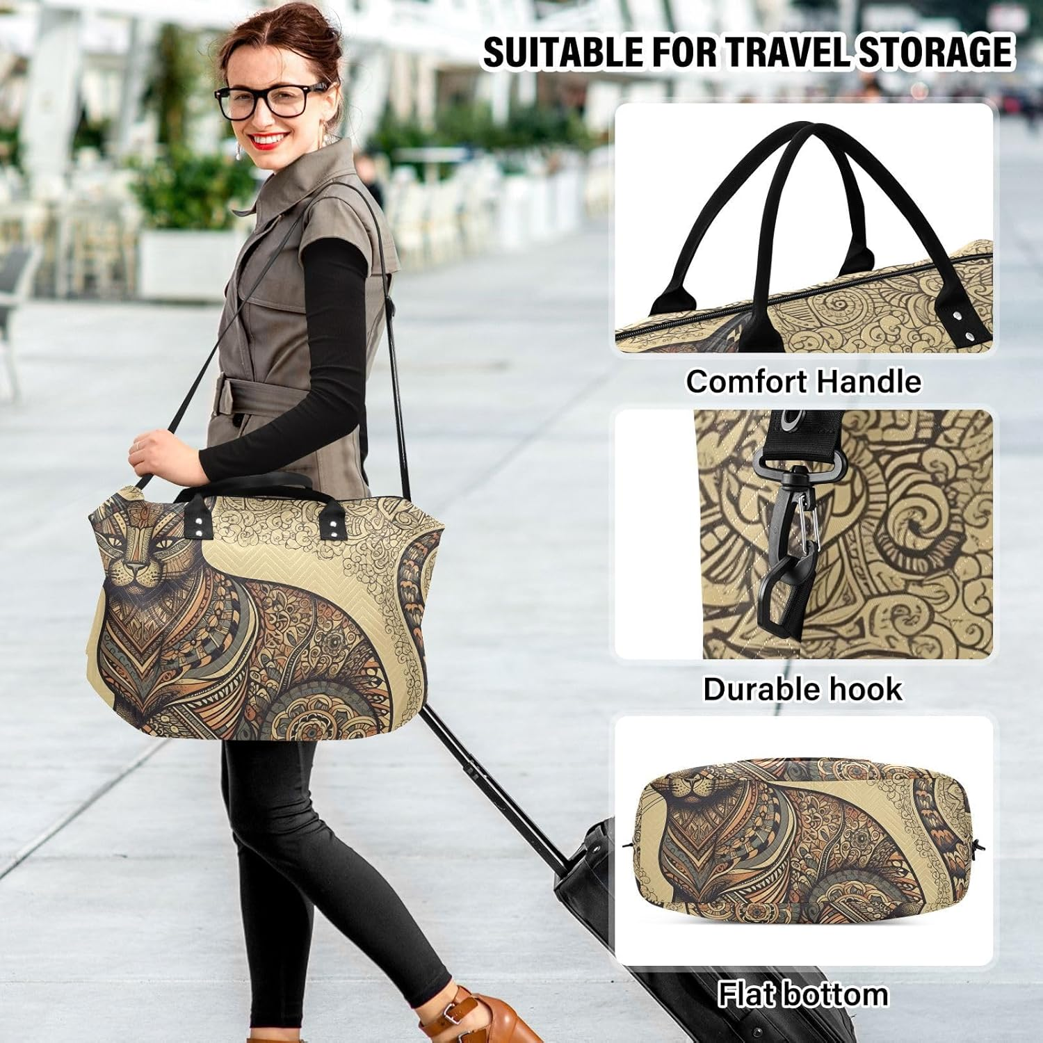 WOIWB Duffel Bag Set with Toiletry Bag for Travel Gym Sport, Luggage Sleeve Weekender Bag Carry on Overnight Bag-Tribal Pattern Cat Print, Multicolor, 20.5 X 7.9 X 13.8 Inches+9.1 X 3.5 X 5.9 Inches image number 3
