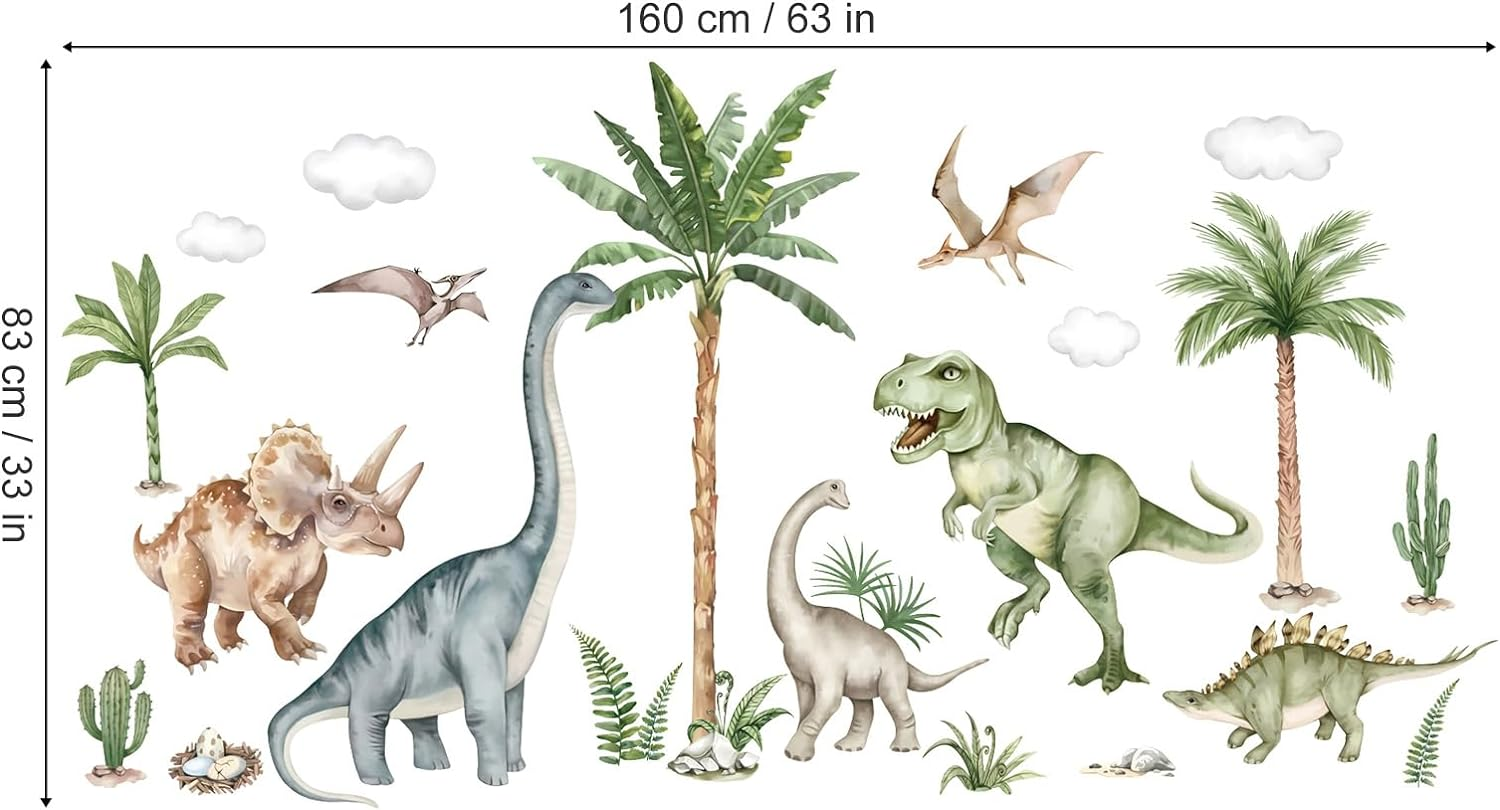 Wondever Large Dinosaur Wall Stickers Tropical Animal Dino Palm Tree Plants Wall Art Decals for Boys Room Baby Nursery Kids Bedroom (164 * 83Cm)
