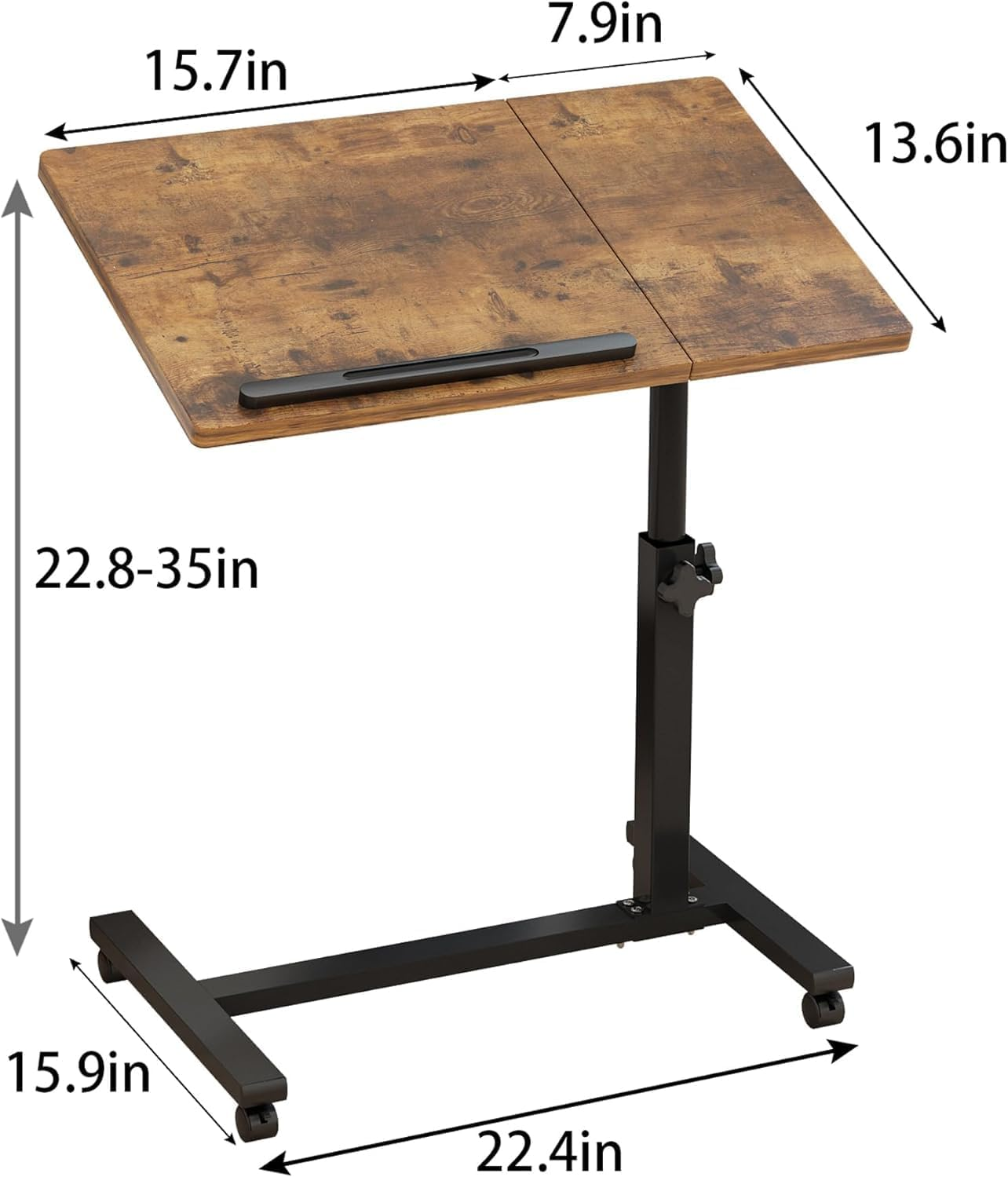 Kapeicamper Brown T-Shape Overbed Table with Wheels, Adjustable Tiltable Laptop Stand Desk, 15.7X13.7X23.6 Inches, 22 Lbs Load Capacity