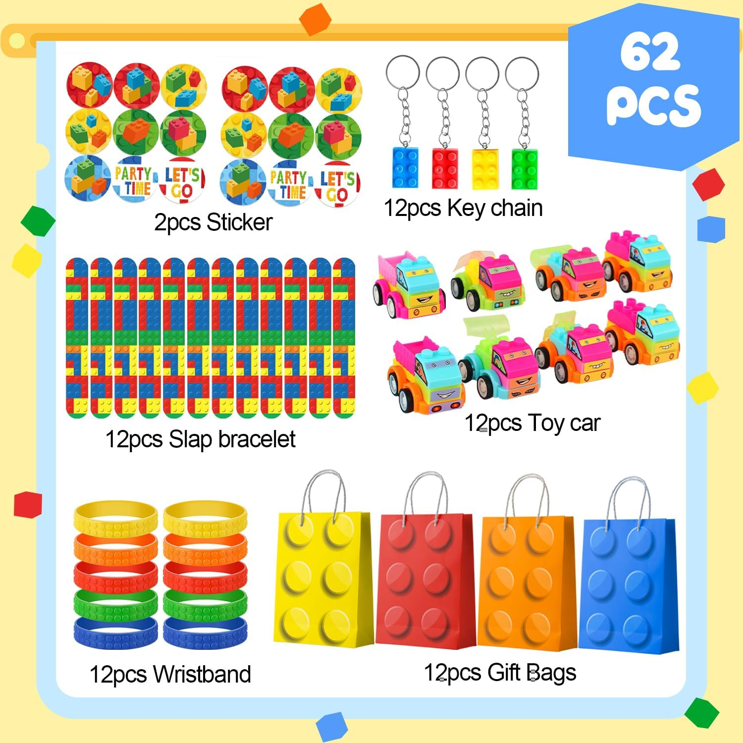 Building Block Party Favors, 62 Pcs Set - Bags, Keychains, Slap Bracelets & More