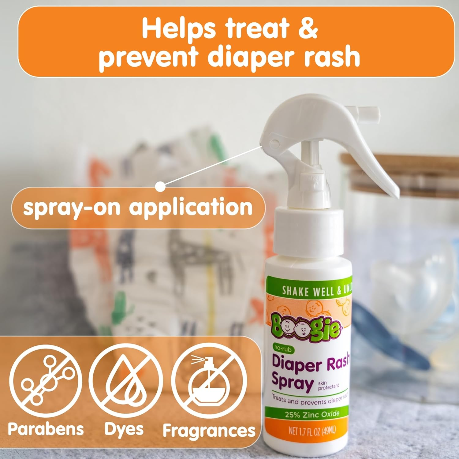 Diaper Rash Cream Spray by Boogie Bottoms, Travel Friendly No-Rub Touch Free Application for Sensitive Skin, from the Maker of Boogie Wipes, over 200 Sprays per Bottle, 1.7 Oz