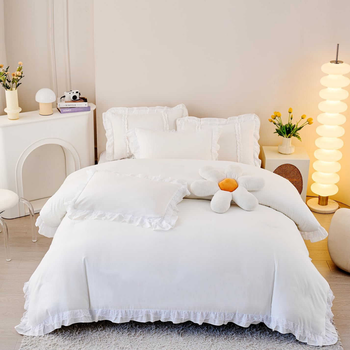 MOOWOO Chic Ruffle Lace Polyester Duvet Cover Set -Girl White Bedding-2 Piece Twin Duvet Cover with Zipper Closure -Ultra Soft and Light Weight(White, Twin) image number 5