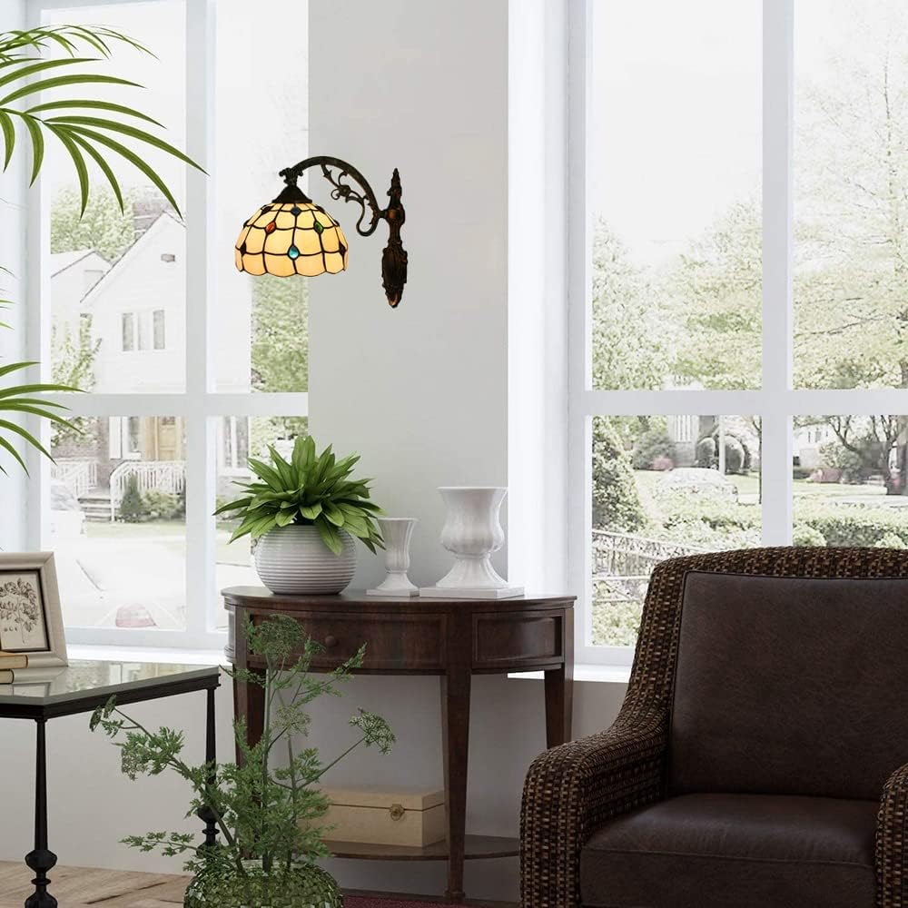 Retro Tiffany Style Wall Light, 8" Wide Rose Stained Glass Creative Multi-Colored Decorative Wall Lighting Fixtures for Living Room Bedroom Corridor Stairs,B XXZ