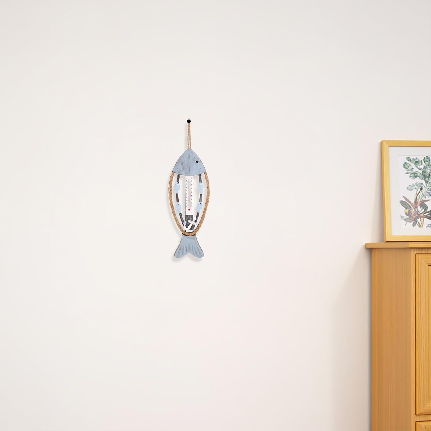 TEHAUX Coastal Wooden Fish Thermometer Wall Art with Easy-Read Temperature Gauge Nautical Fish Bone Design for Patio Garden Living Hotel Lobby Decoration