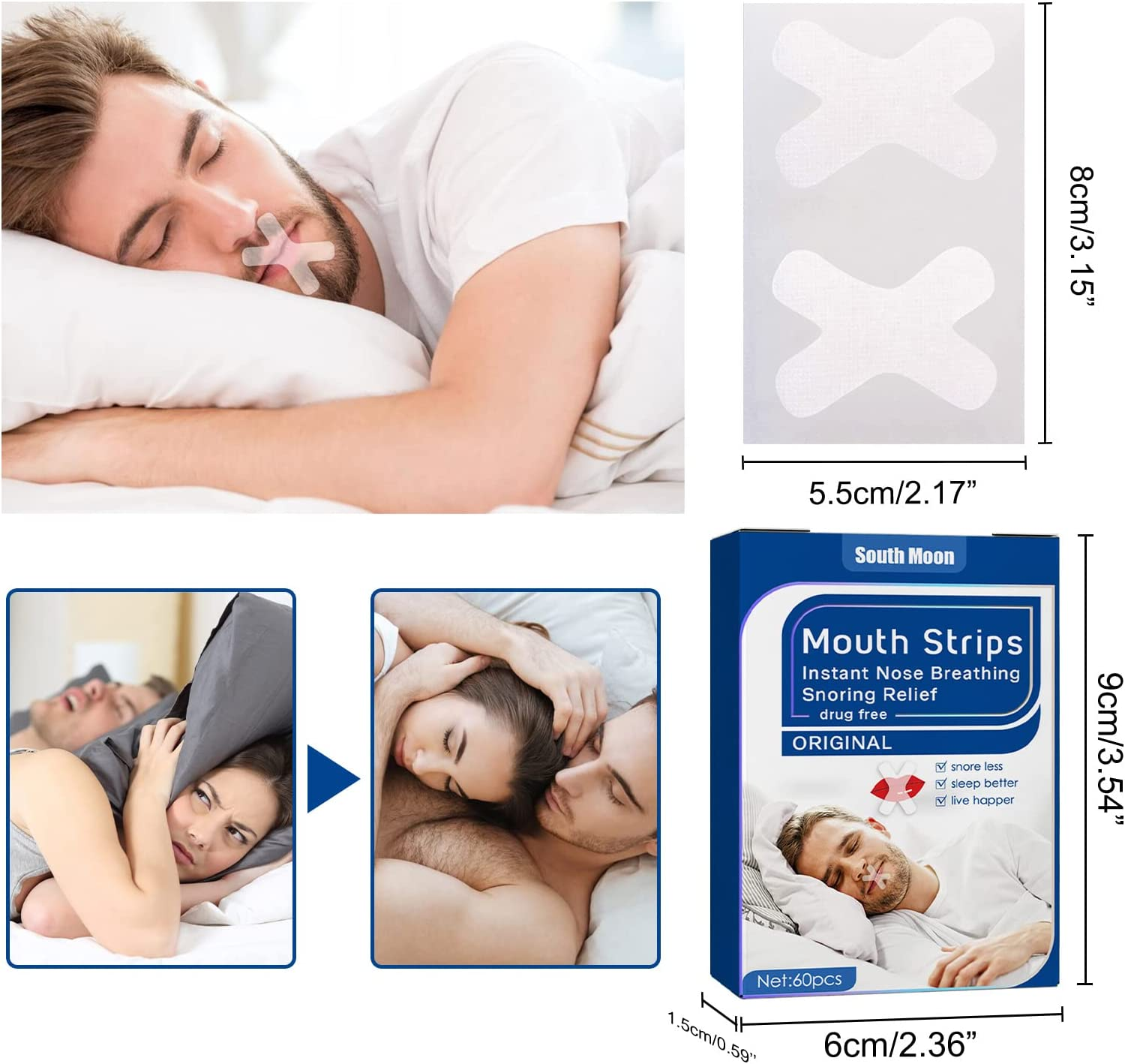 60 Pcs Sleep Strips,Anti Snoring Devices Advanced Gentle Mouth Tape for Sleeping Stop Snoring Mouth Tape for Better Nose Breathing Sleep Aids Mouth Sleep Strips for Snoring Reduction