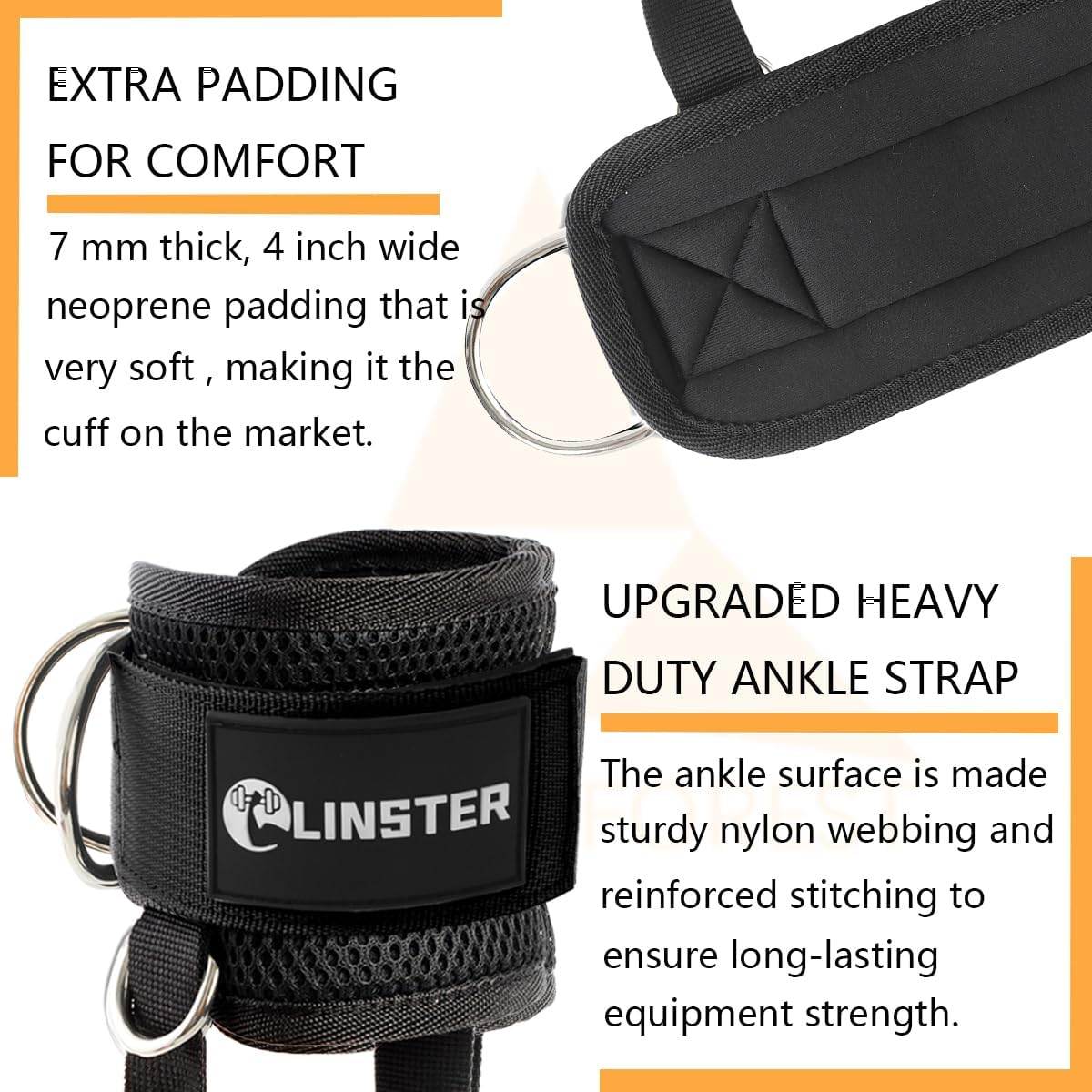 LINSTER Foot Straps Cable Pull for Pulley Fitness with Fixed Rope, Kickbacks Foot Strap with 4 D-Rings and Neoprene, (Pack of 2) Ankle Straps for Women and Men Glutes and Leg Training image number 1