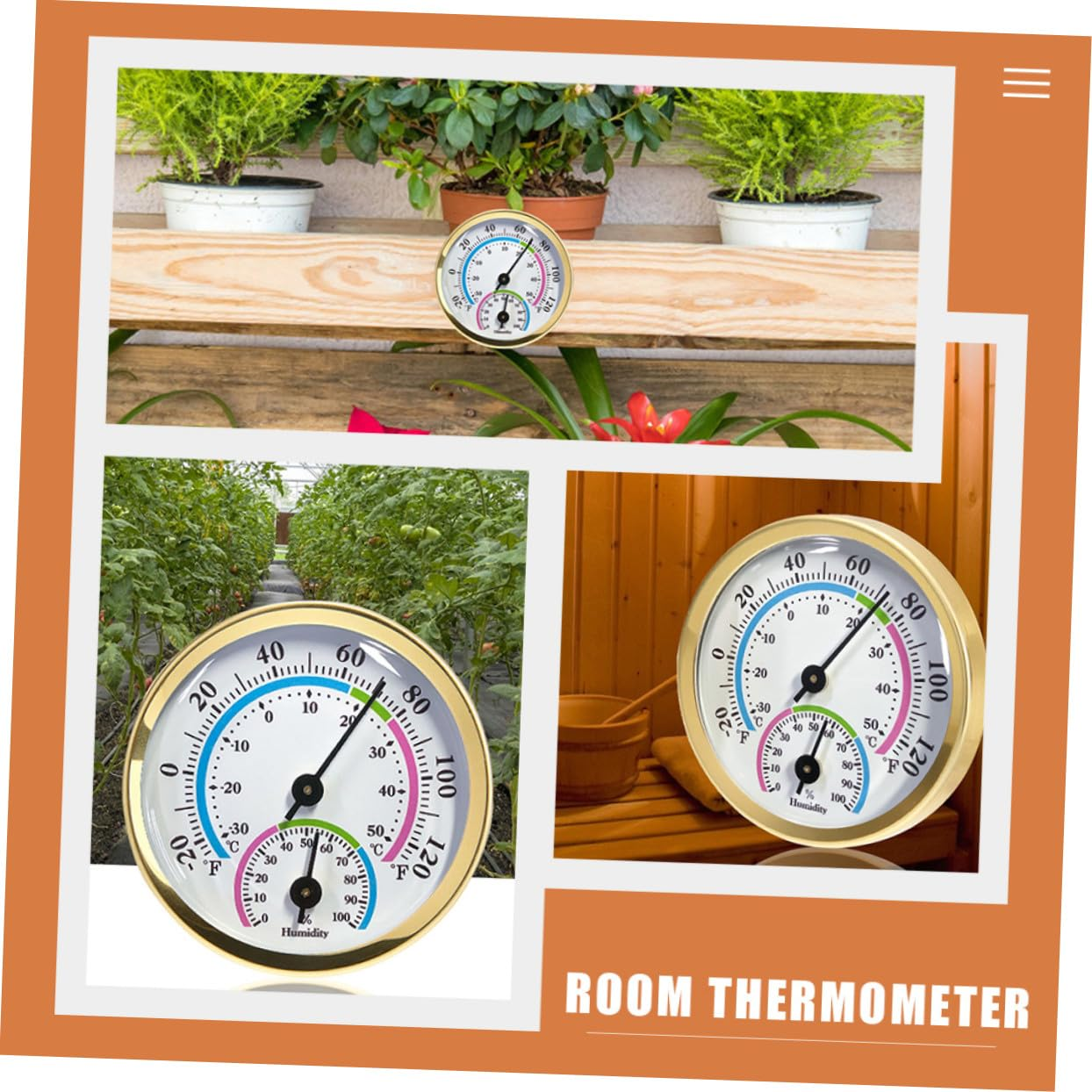 Balacoo 57Mm Mini Indoor Outdoor Thermometer Hygrometer Wall Temperature and Humidity Gauge No Battery Gold for Home and Office