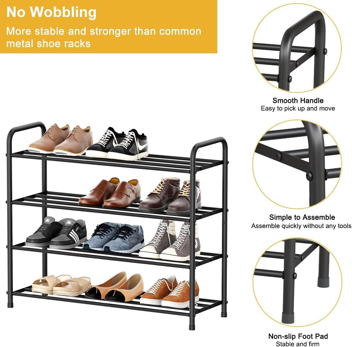FANHAO 4-Tier Shoe Rack, 100% Stainless Steel Shoe Shelf Storage Organizer 12 Pairs for Bedroom, Closet, Entryway, Dorm Room, 68 X 26 X 65Cm (Matte Black) image number 2