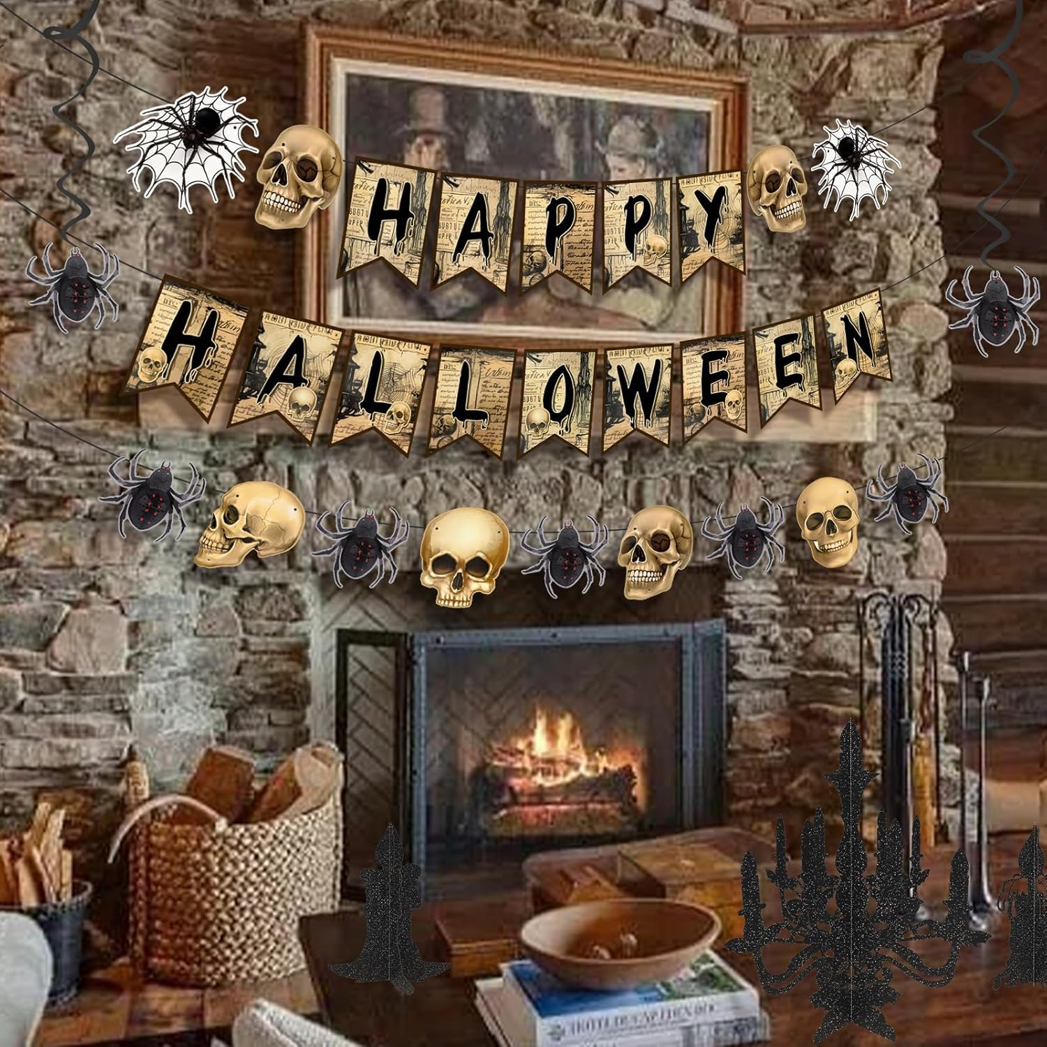 Happy Halloween Banners, Skeleton & Spider Party Supplies, 8Pcs Swirls Indoor Decor, Brown image number 2