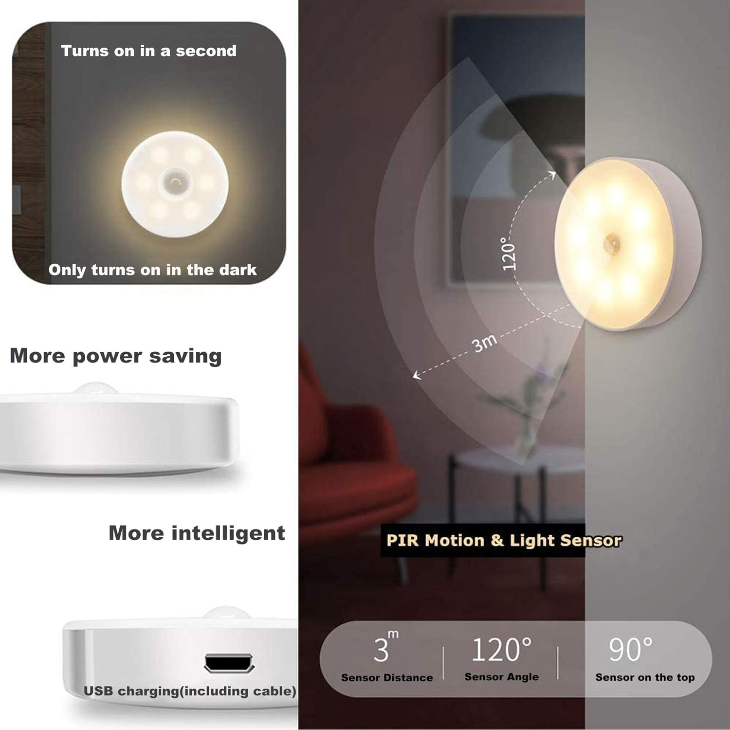 AUTENS 5 Pack Motion Sensor Night Lights,Usb Rechargeable Path Night Lighting, 8 LED Beads Motion Detect Warm Light Stick on Closet Toilet Bathroom Stair Wall Hallway Cabinet Indoor Lights. (3000K) image number 2