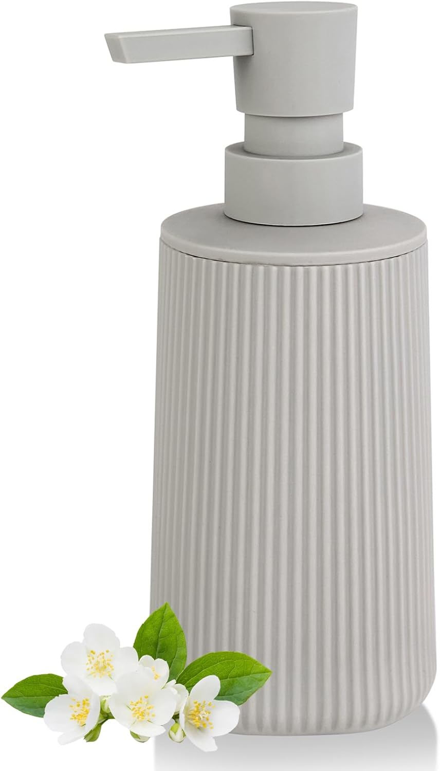 Grey Soap Dispenser, Small Hand Soap Dispenser for Bathroom, Refillable Dish Soap Dispenser for Kitchen Countertop, Modern Striped Liquid Soap Dispenser with Pump (Grey, Liquid)