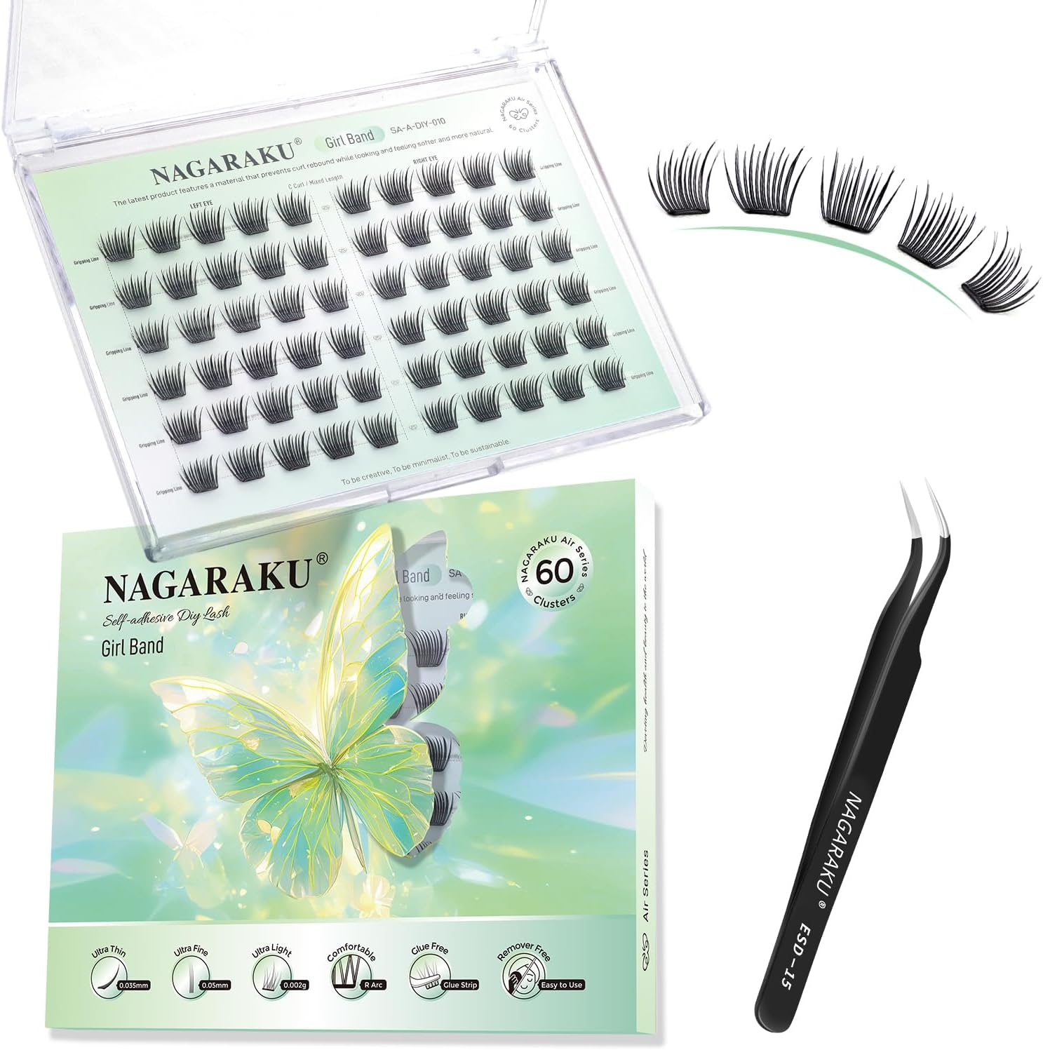 NAGARAKU Pre Glued Cluster Lashes Air Series Eyelashes Girl Band Style 60 Pcs No Glue Needed Pre-Bond Eyelashes Self Adhesive DIY Lashes（0.07Mm C Curl Mix Length) image number 2