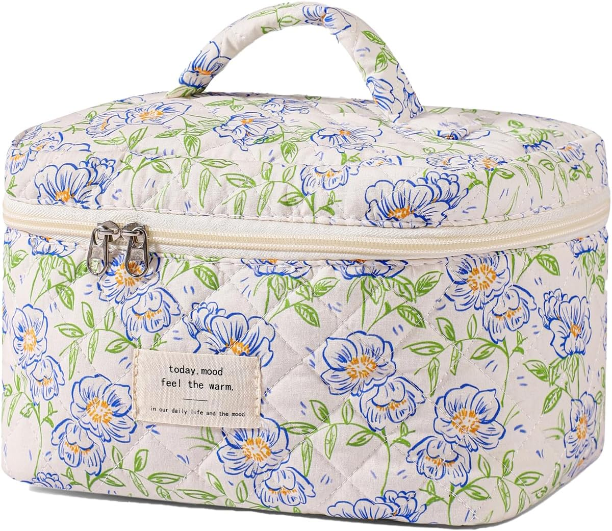 Uekeboag Large Travel Quilted Makeup Bag for Women, Floral Cotton Cosmetic Bag, Coquette Aesthetic Floral Toiletry Organizer Bag, White-Cherry, Floral Cotton