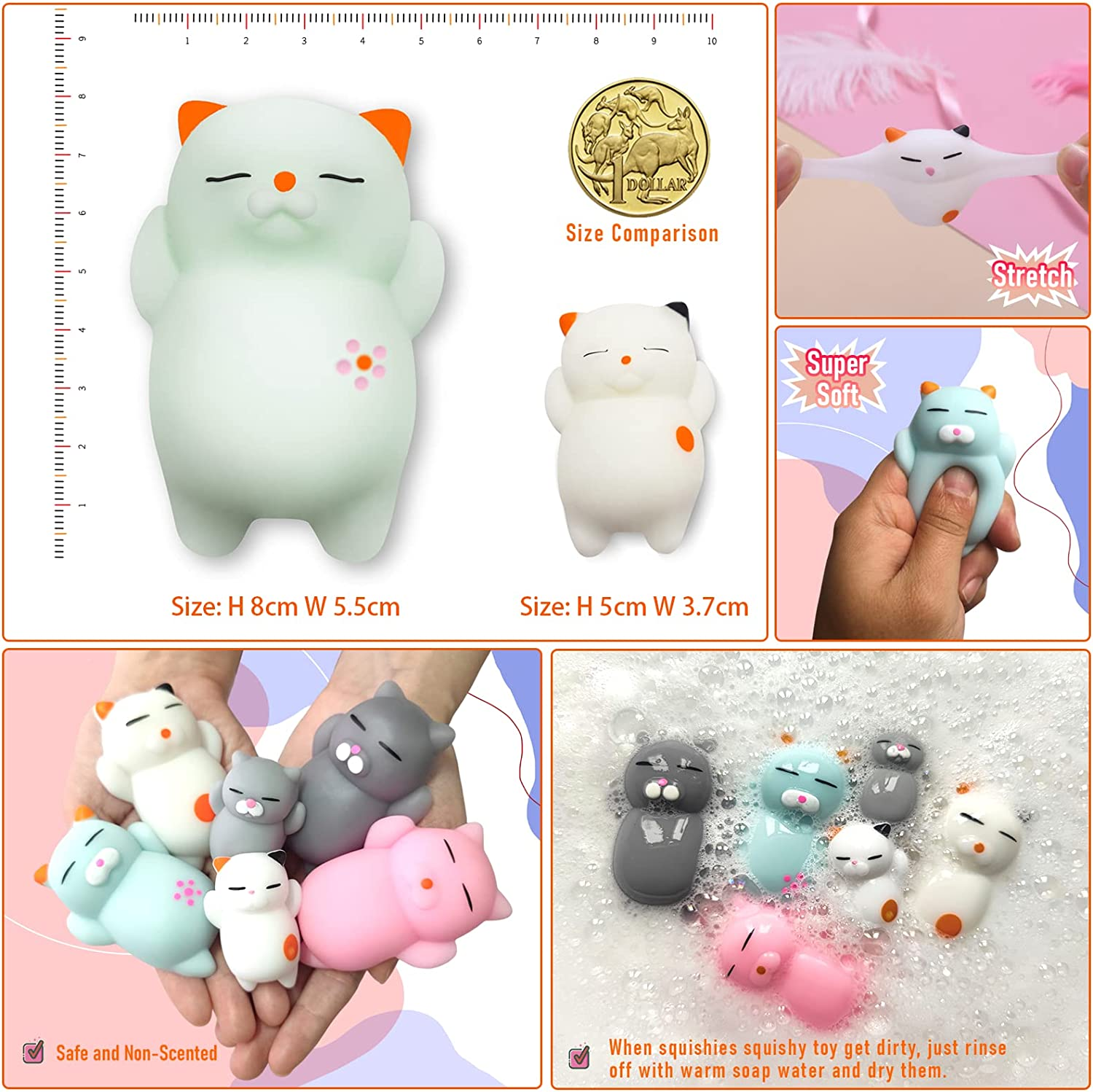 6Pcs Mochi Squishy Toys,Kawaii Squishies,Valentines Gift Birthday Party Favors for Kids Boys Girls Adults Mini Kawaii Loot Bag Fillers,Super Large Size for Maximum Fun image number 3