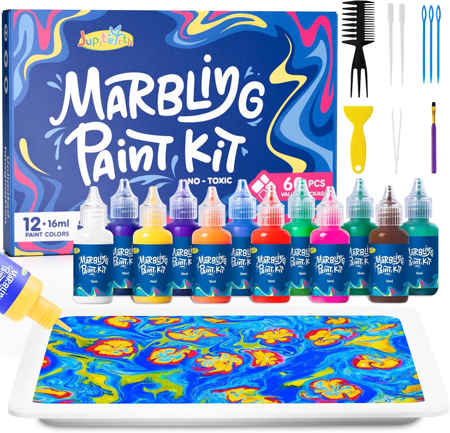 60Pcs Water Marbling Paint Kit, Arts and Crafts for Girls & Boys, Art Supplies for Kids Ages 3-5 4-8 8-12, Marbling Paint for DIY Crafts, Christmas and Birthday Gifts