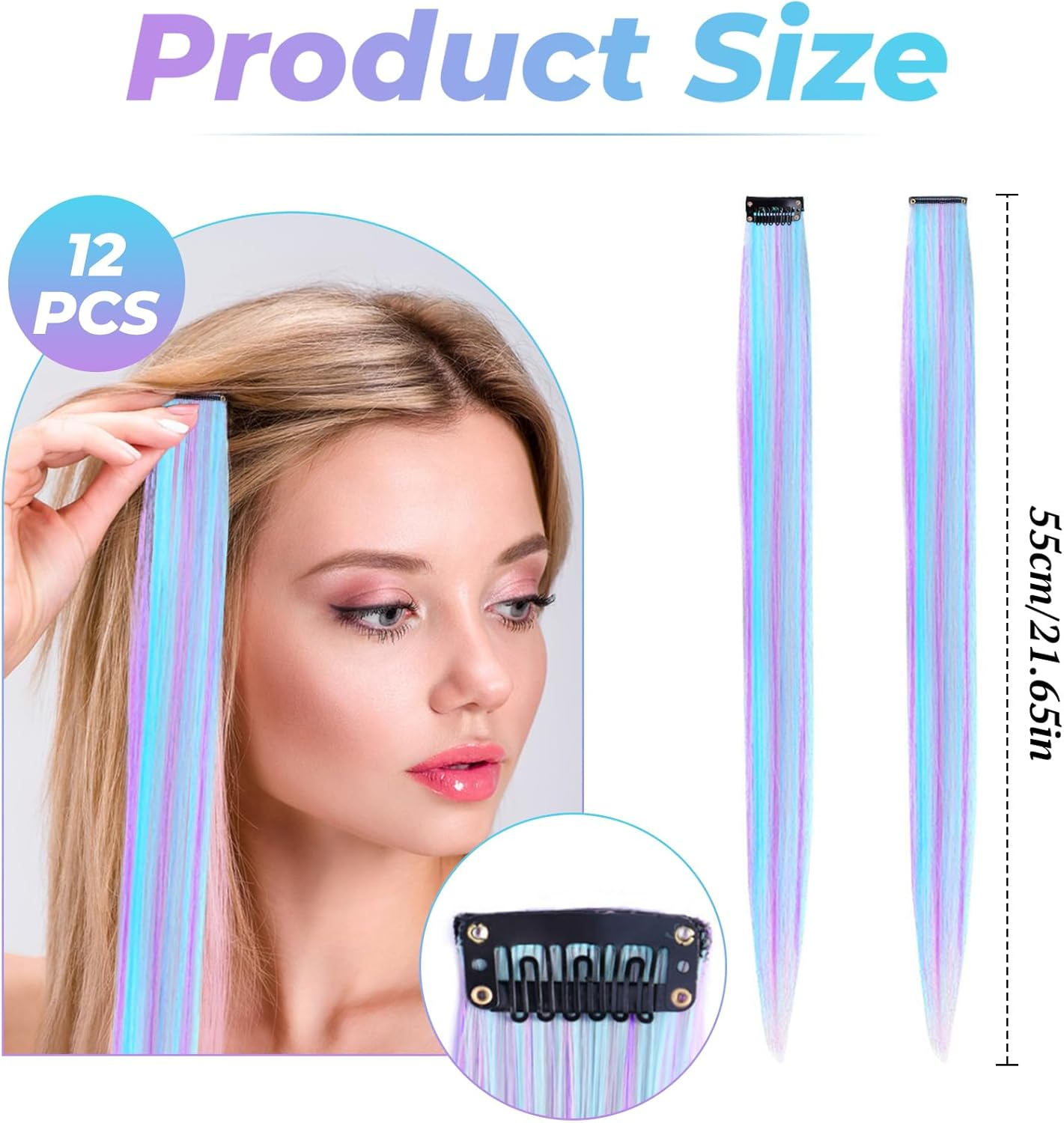 Healife Pack of 12 Clip-In Extensions, Hair Strands for Clip-In, Glitter Hair Bundles, Hairpiece with Clip Hair Extensions for Girls, Coloured Wire Hair Extensions, 9 Inch Clip-In Hair Bundles image number 6