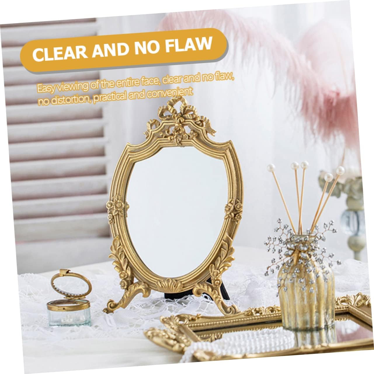COMPUKAS Vintage Gold Makeup Mirror Wall Mounted or Free Standing Decorative Bathroom Mirror for Beauty Unique Design for Dressing Table and Bedroom image number 6