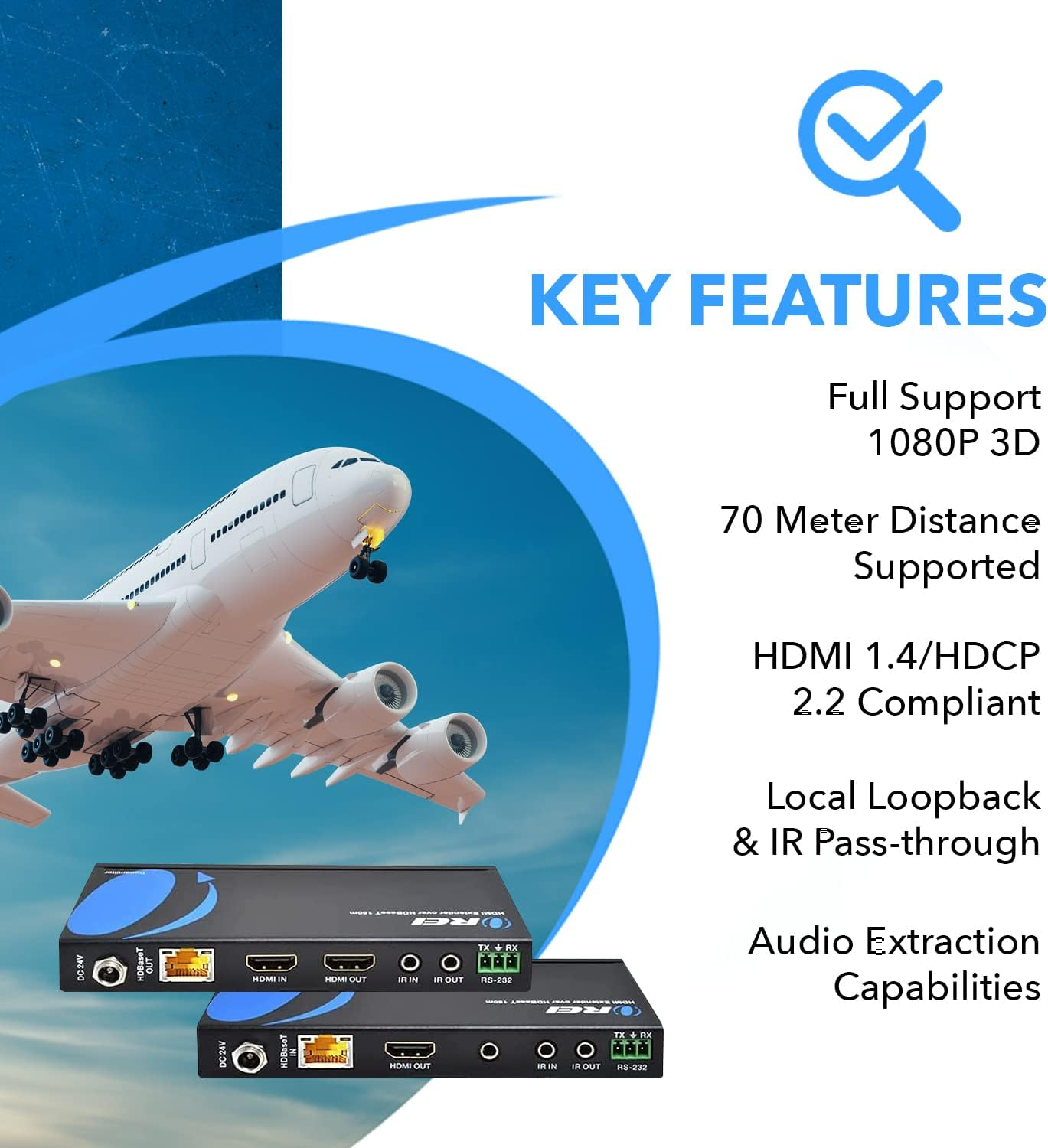 4K Ultrahd Extender over Hdbaset by OREI, Balun Full 18Gbps over CAT 5/6/7 Ethernet Cable - IR Signal - 230 Ft @ 1080P - 130 Ft @ 4K 60Hz