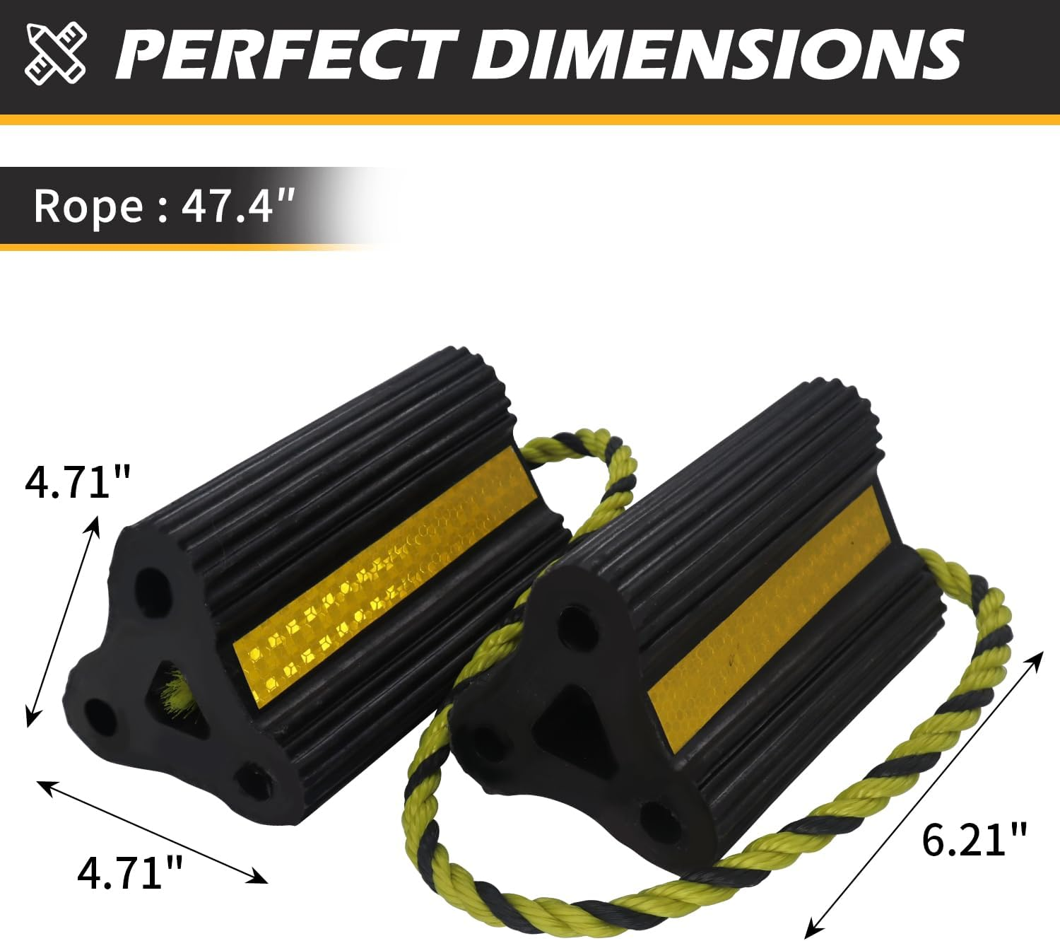 Wheel Chocks [2Pair/4Pack with Rope] for RV Trailer Camper Truck Car and Aircraft, Versatile Heavy Duty Rubber Wheel Chocks Block with 3 Reflective Strips, Tire Wheel Immobilizers & Chocks image number 2